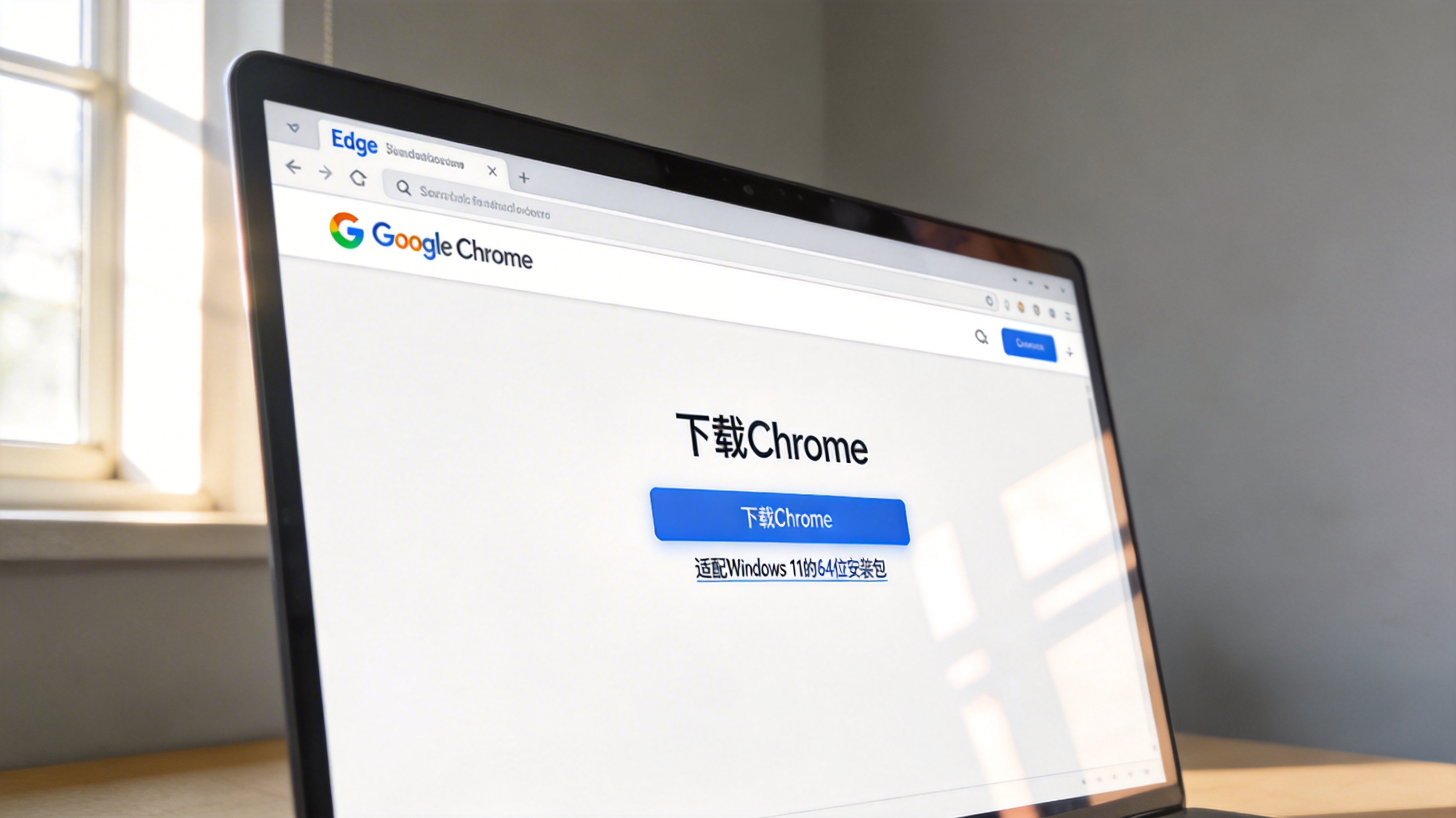 电脑桌面,屏幕显示Edge浏览器打开的Google Chrome官网页面,页面显示适配Windows 11的64位安装包下载按钮,室内自然光 电脑桌面,屏幕显示Edge浏览器打开的Google Chrome官网页面,页面显示适配Windows 11的64位安装包下载按钮,室内自然光