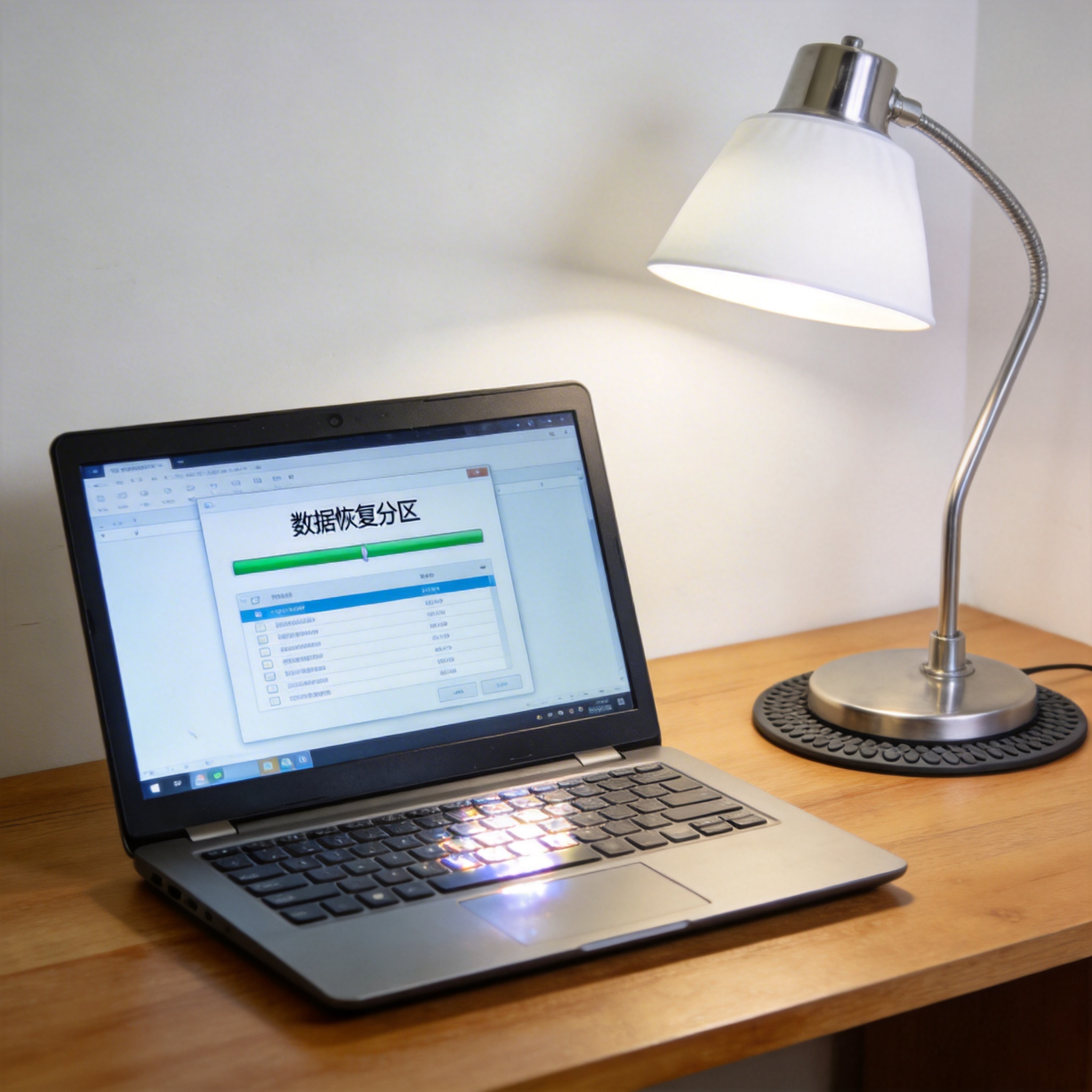 电脑桌上的电脑，屏幕显示数据恢复分区，旁边放着台灯