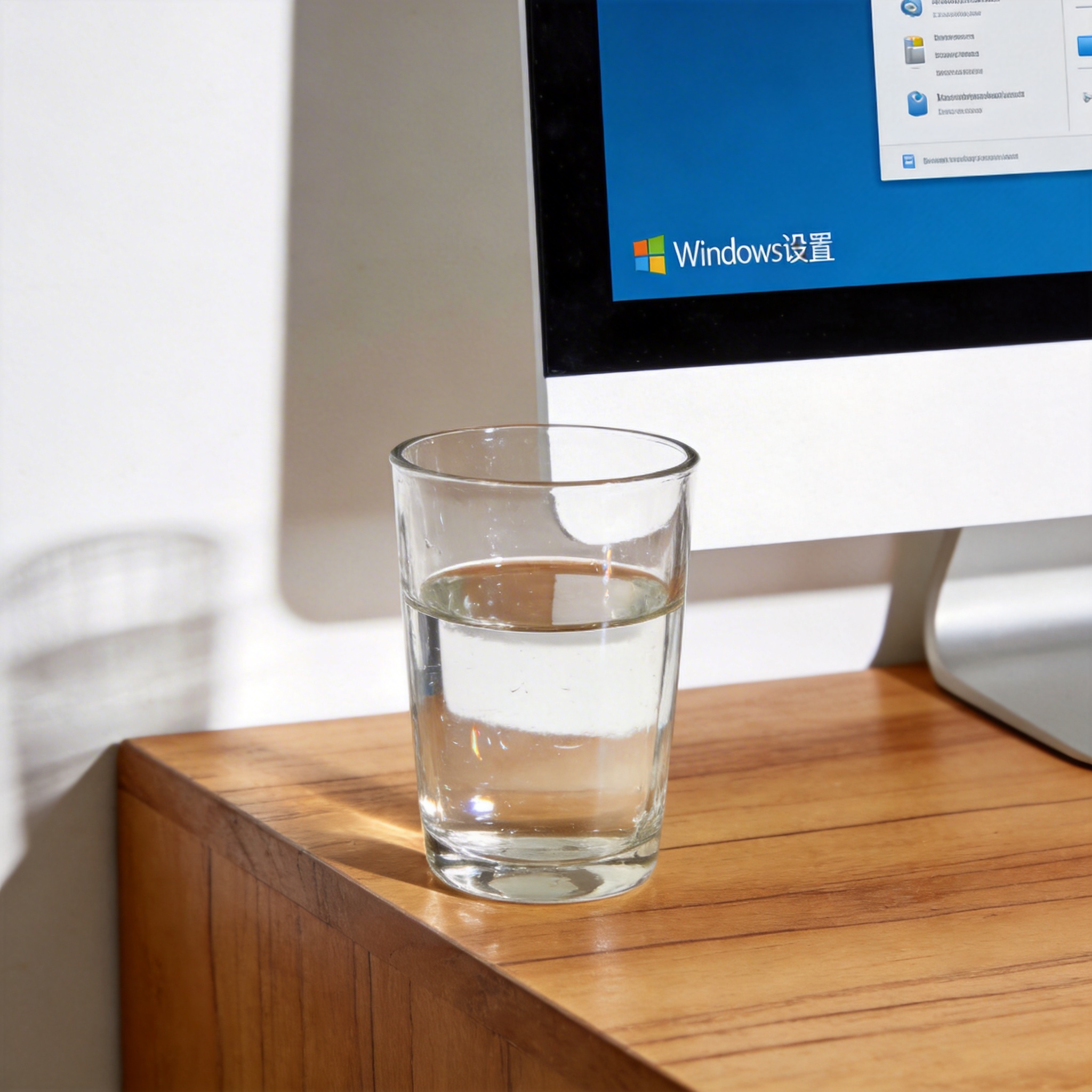 书桌上的电脑，屏幕显示Windows设置界面，桌角放着水杯，自然光