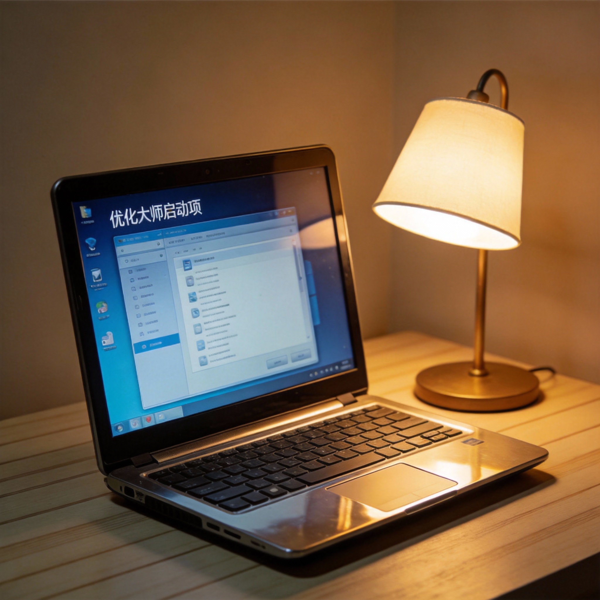 电脑桌上的笔记本，屏幕显示优化大师启动项，旁边放着台灯