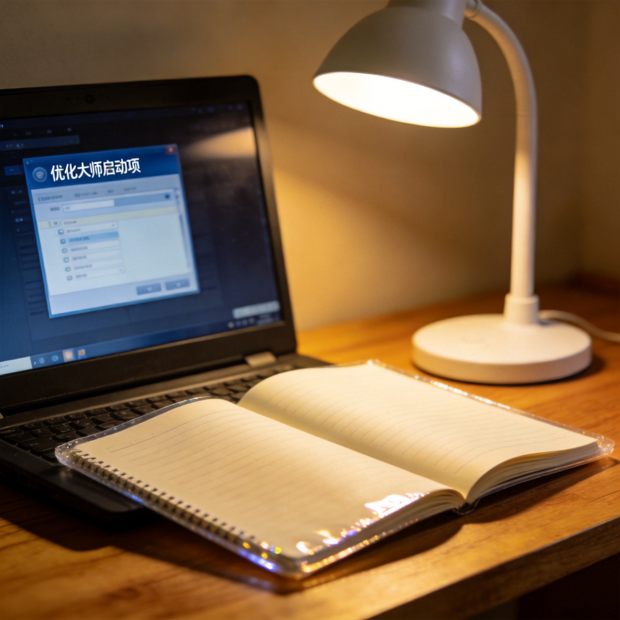 电脑桌上的笔记本，屏幕显示优化大师启动项，旁边放着台灯