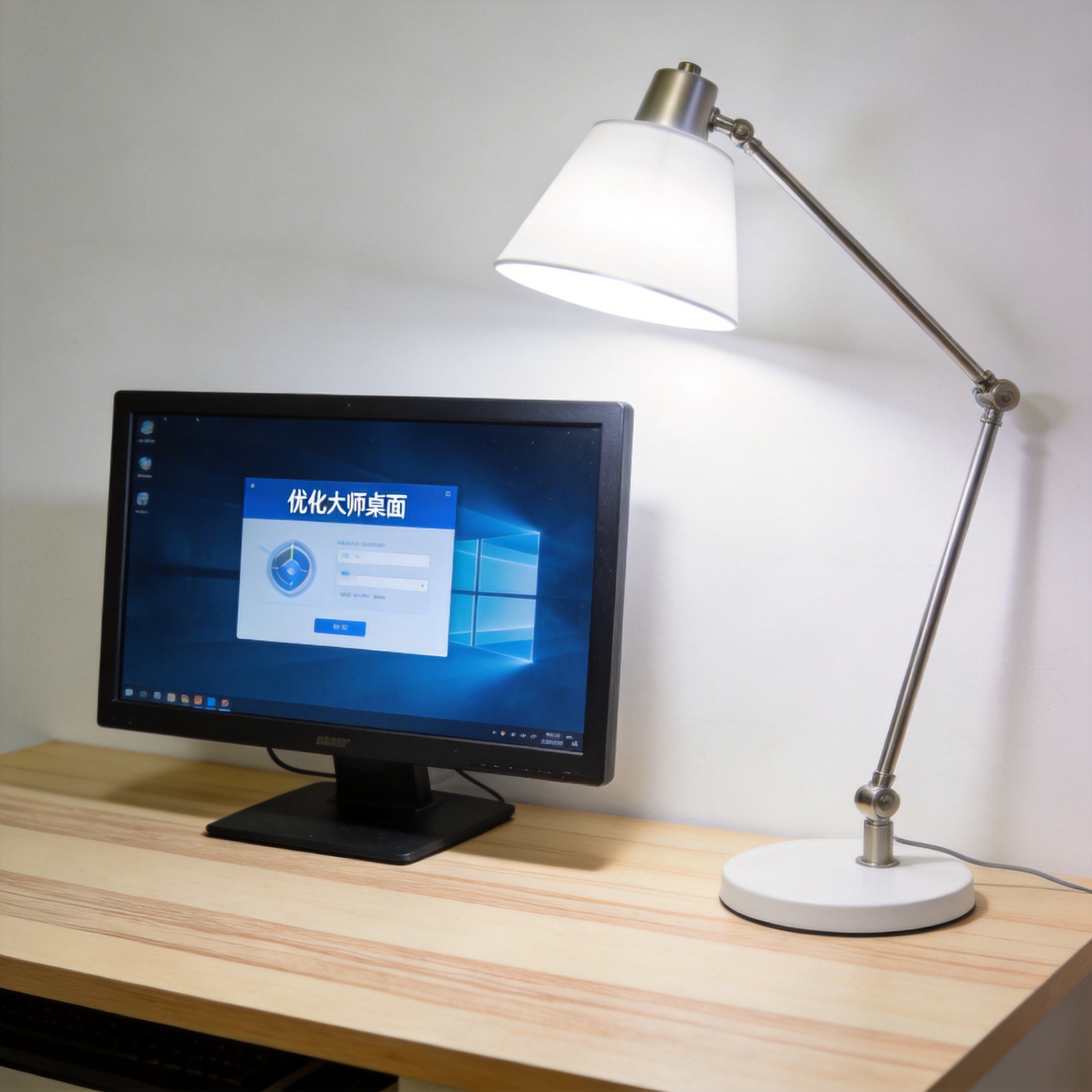 电脑桌上的电脑，屏幕显示优化大师桌面，旁边放着台灯