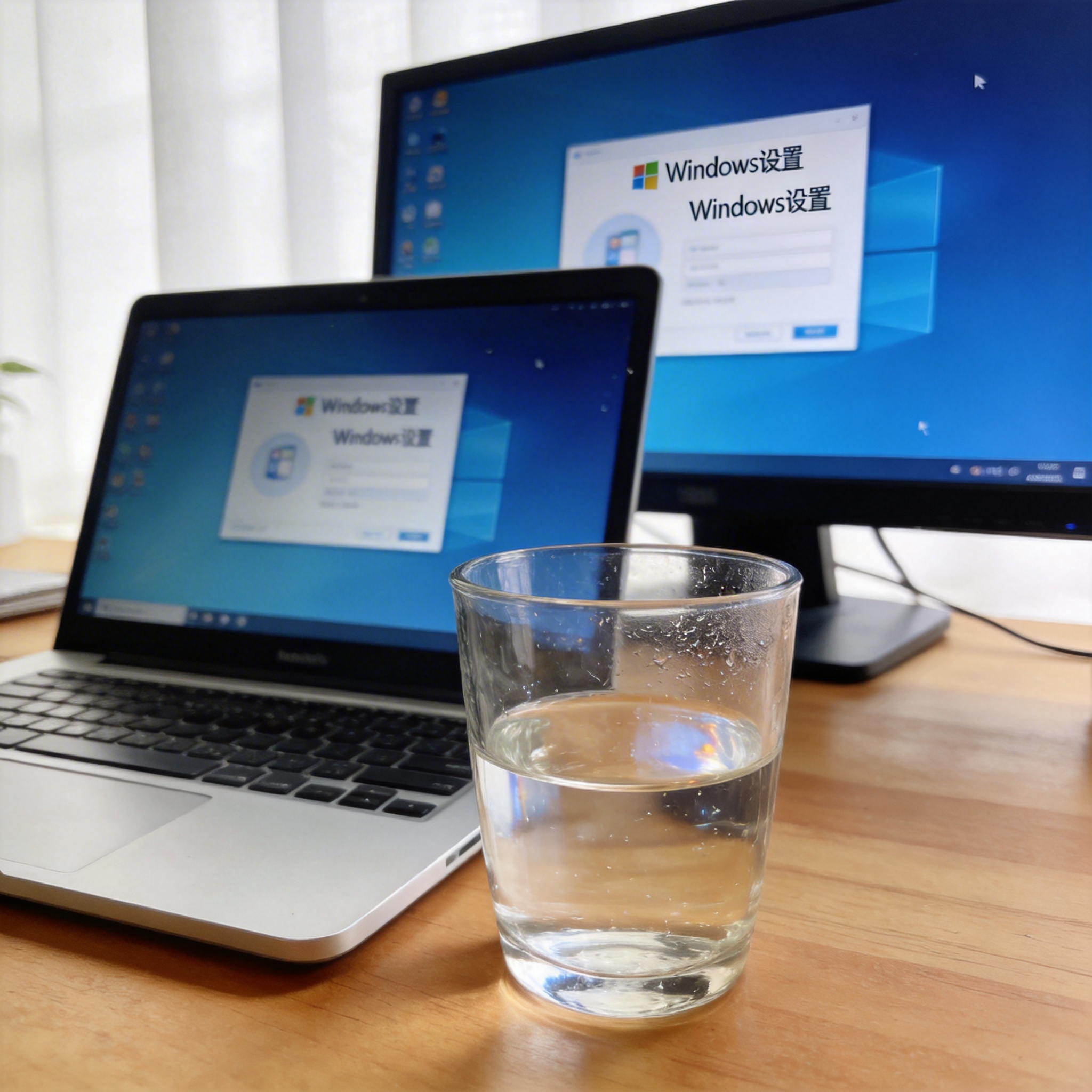书桌上的电脑，屏幕显示Windows设置界面，桌角放着水杯，自然光
