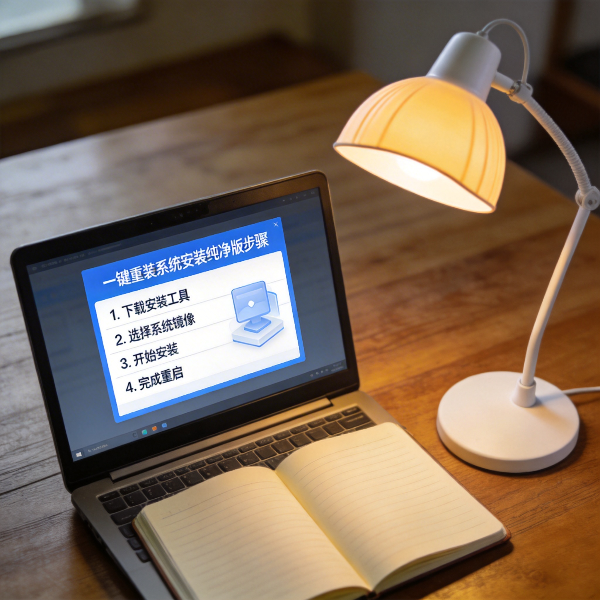 电脑桌上的笔记本，屏幕显示一键重装系统安装纯净版步骤界面，旁边放着台灯