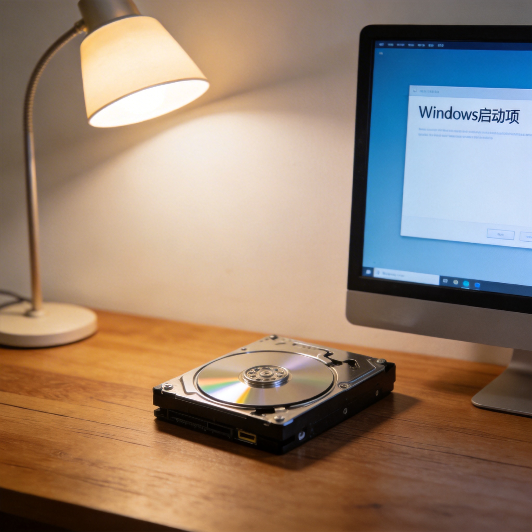 电脑桌上的硬盘，屏幕显示Windows启动项，旁边放着台灯