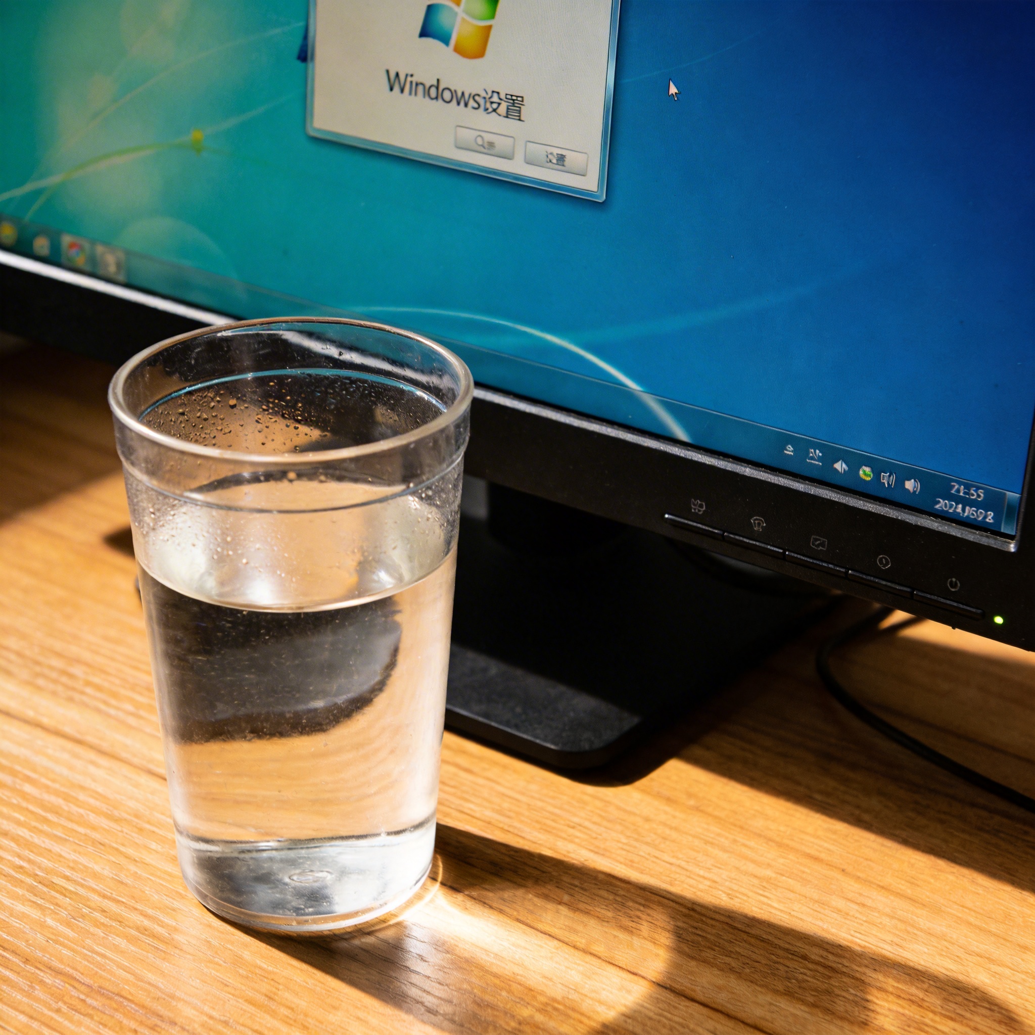 书桌上的主机，屏幕显示Windows设置界面，桌角放着水杯，自然光