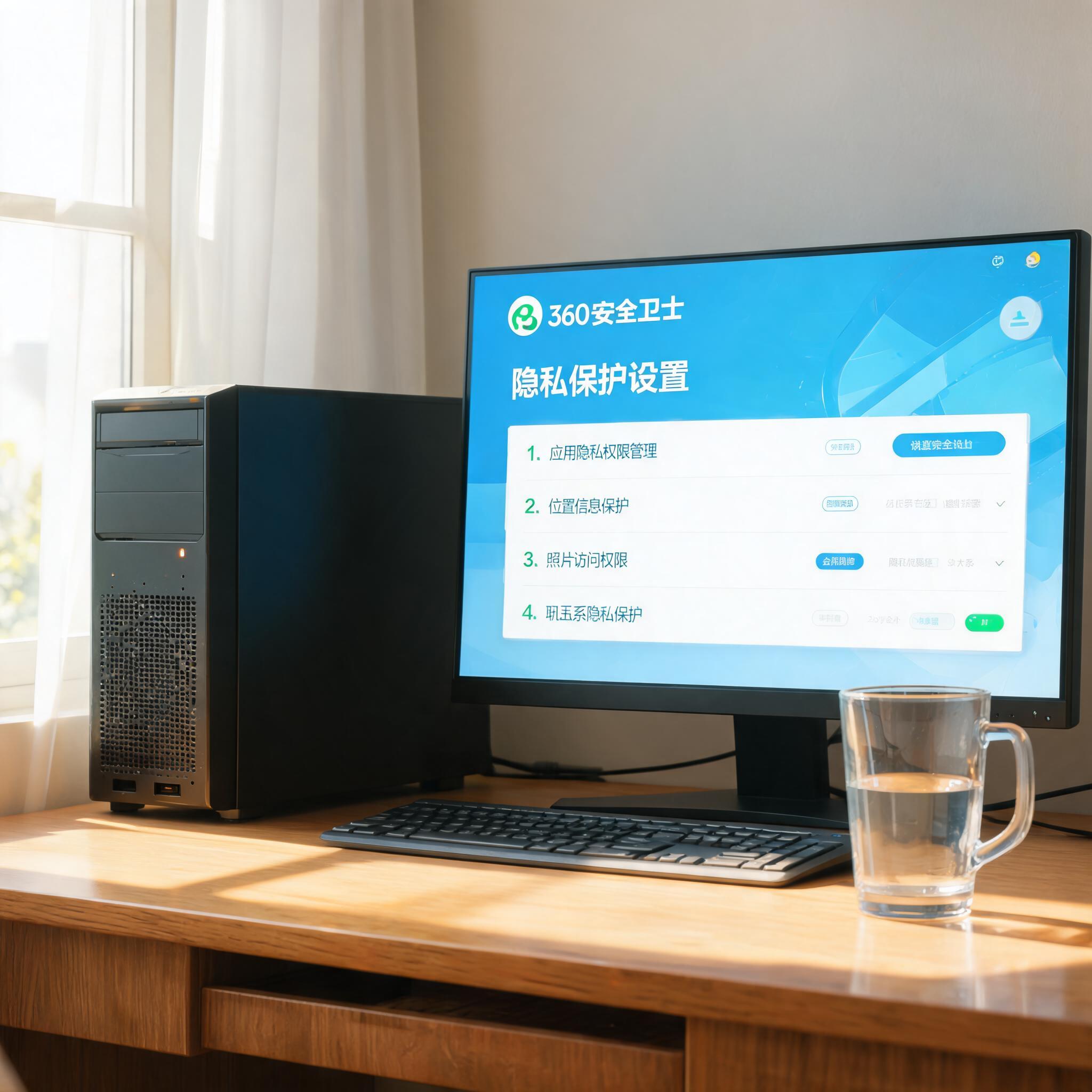 书桌上的主机，屏幕显示360 安全卫士隐私保护设置设置界面，桌角放着水杯，自然光