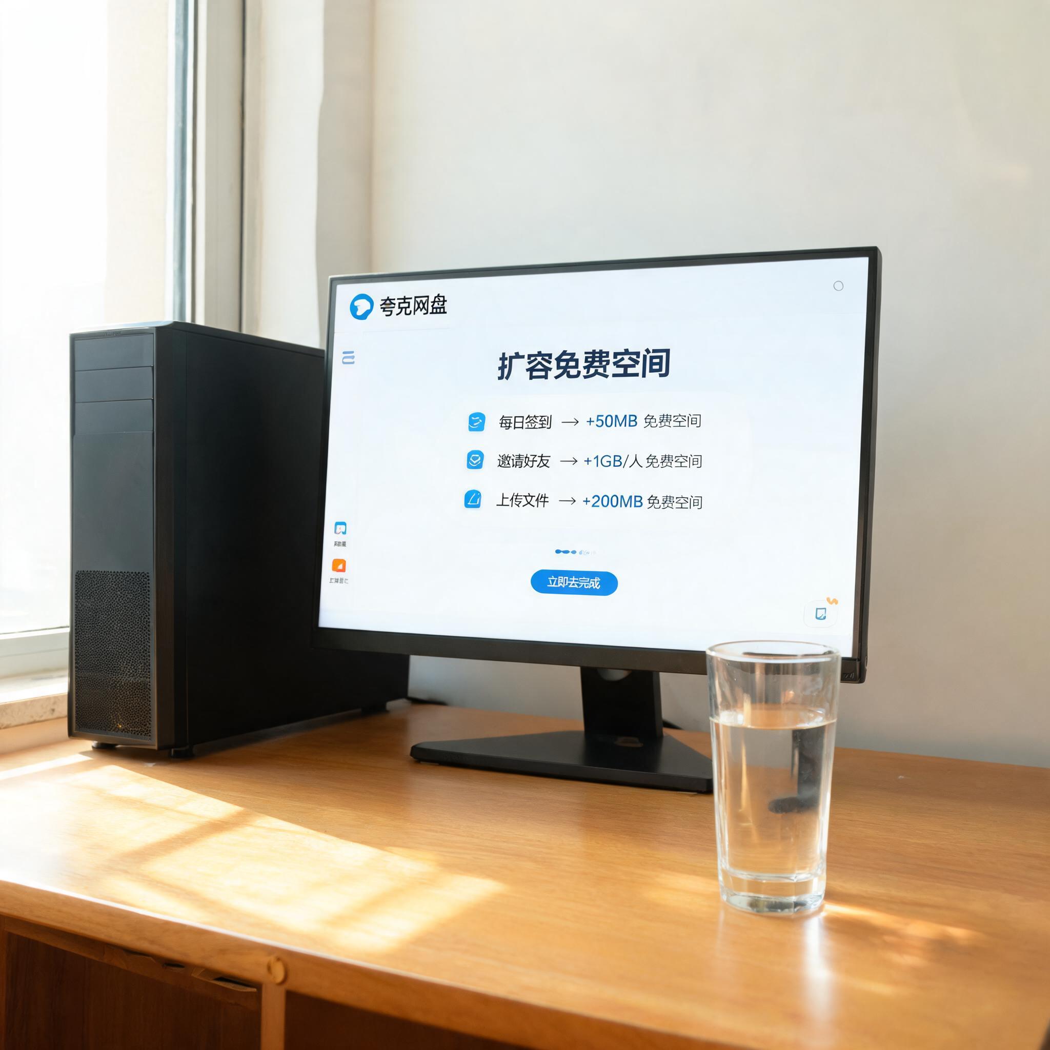 书桌上的主机，屏幕显示夸克网盘怎么扩容免费空间设置界面，桌角放着水杯，自然光