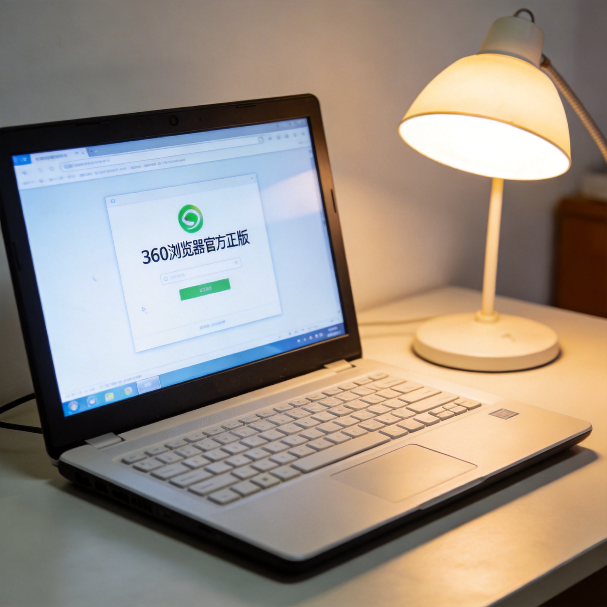 电脑桌上的电脑，屏幕显示360 浏览器官方正版界面，旁边放着台灯