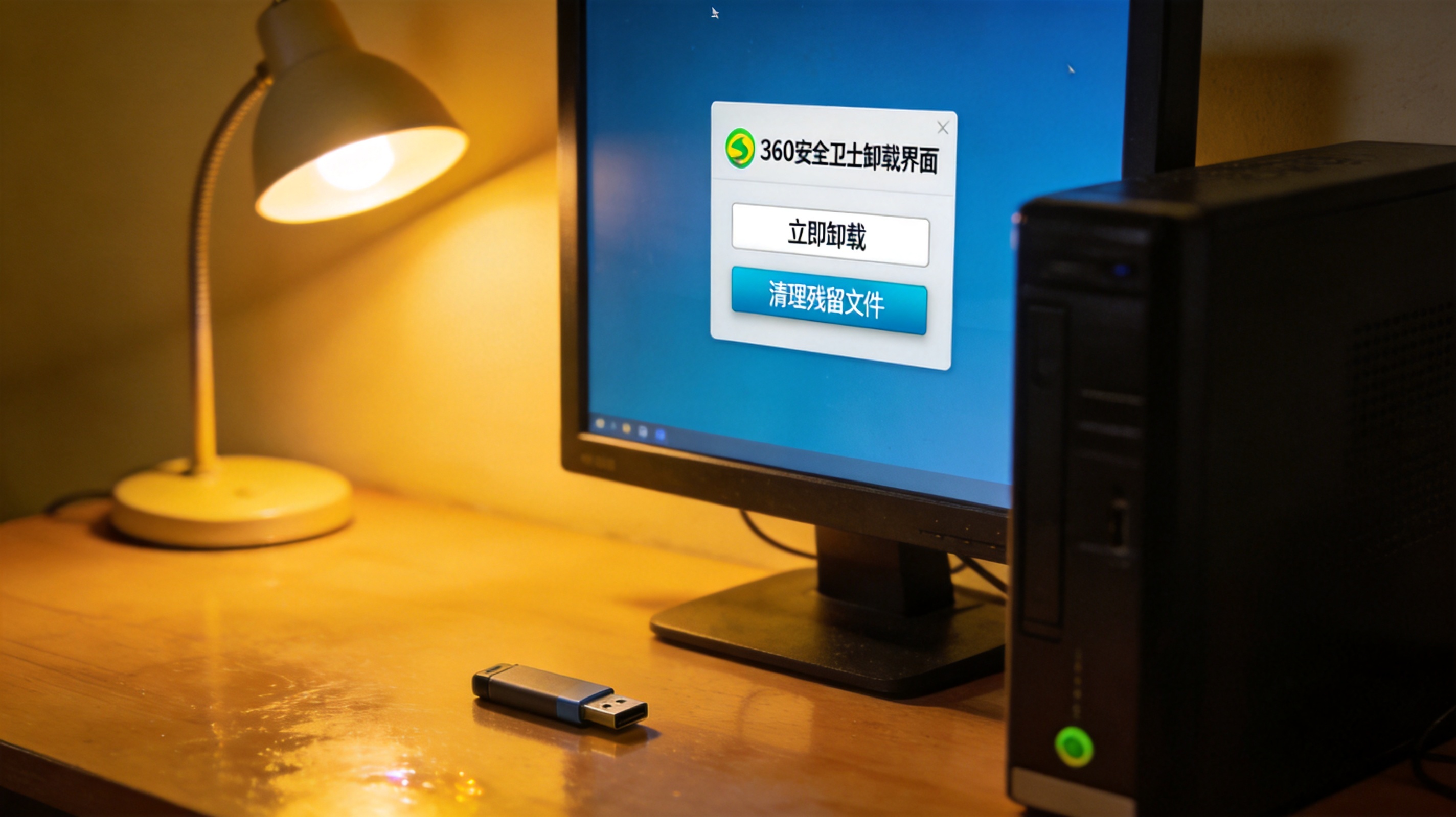 电脑屏幕显示360安全卫士卸载界面，界面上有立即卸载和清理残留文件选项，主机旁的桌面放着U盘，台灯暖光