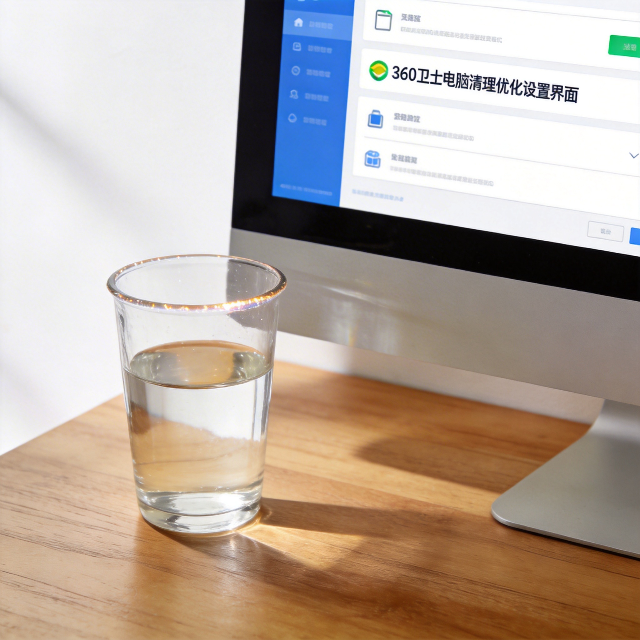 书桌上的电脑，屏幕显示360 卫士电脑清理优化设置界面，桌角放着水杯，自然光