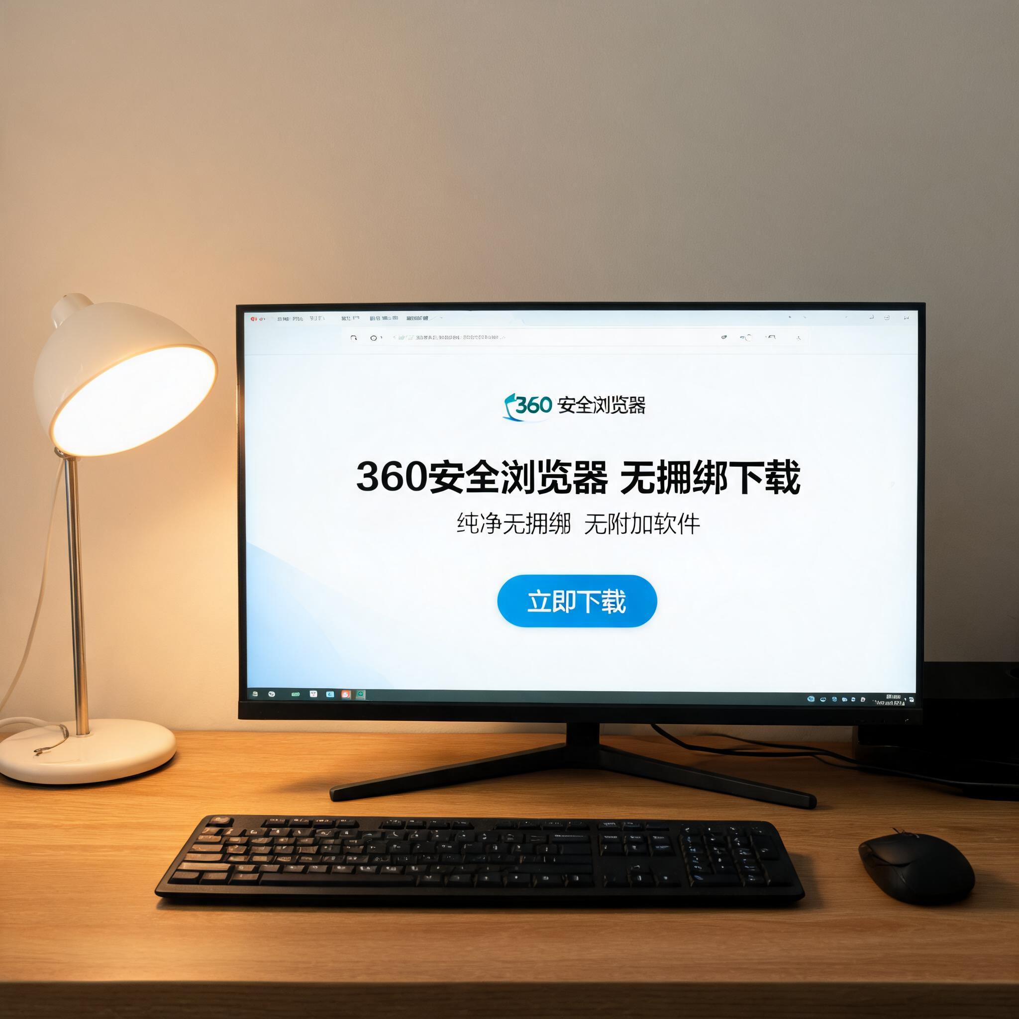 电脑桌上的电脑，屏幕显示360 安全浏览器无捆绑下载菜单，旁边放着台灯