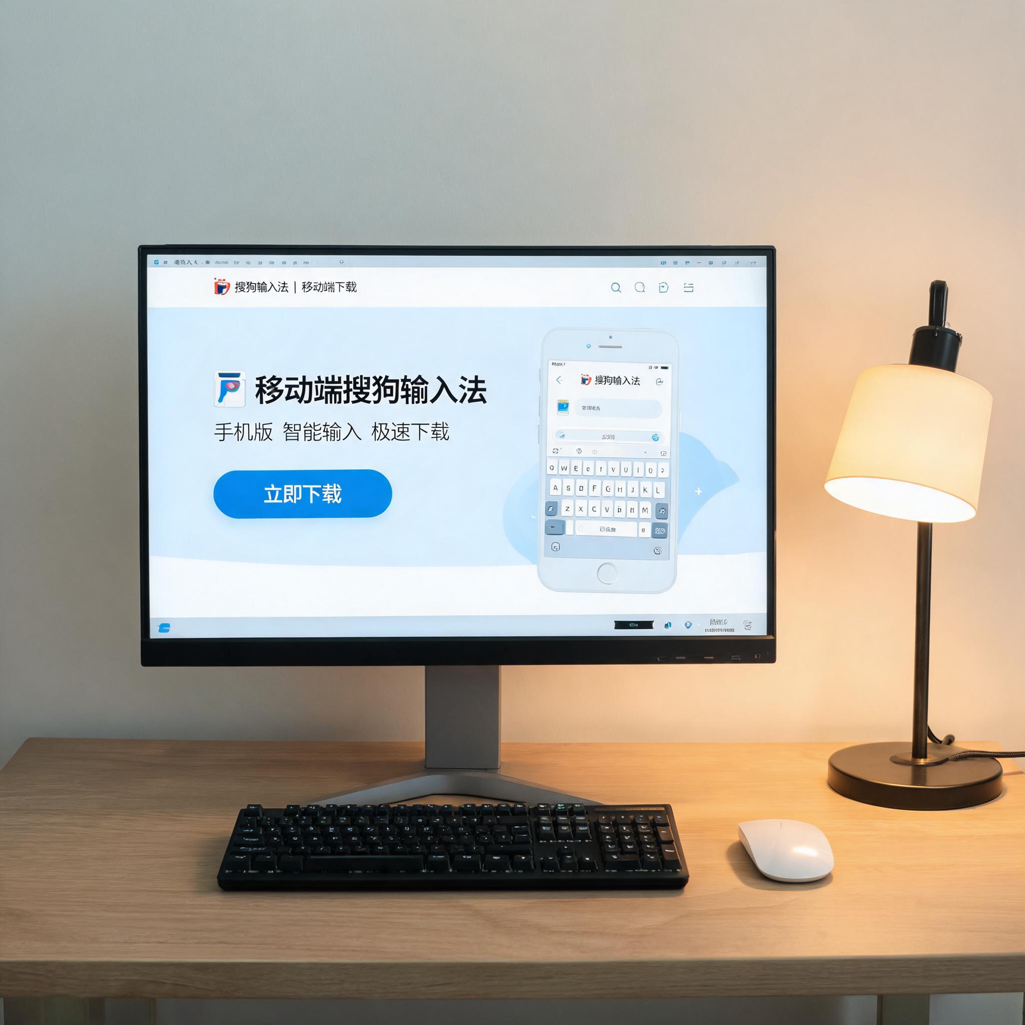 电脑桌上的电脑，屏幕显示移动端搜狗输入法下载界面，旁边放着台灯