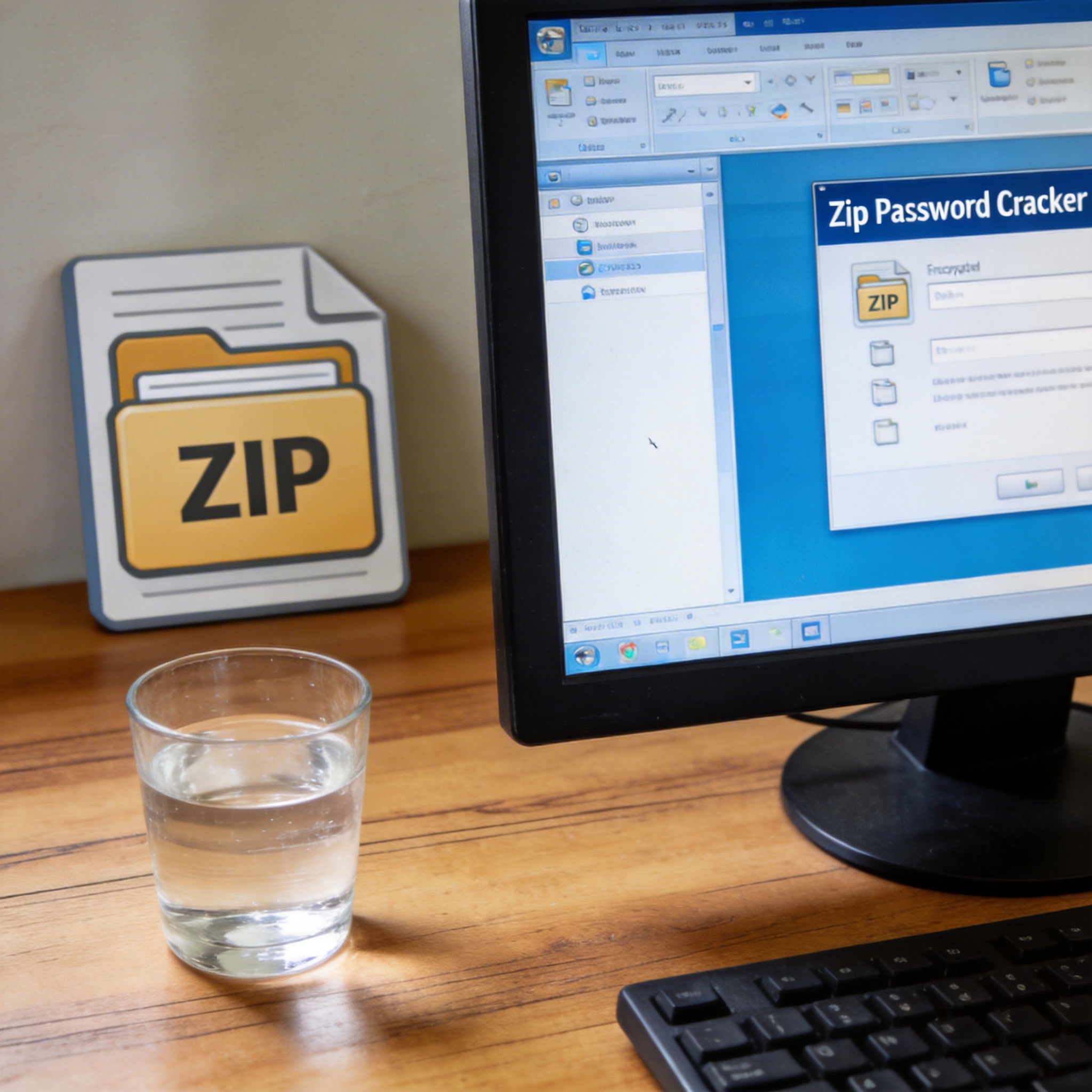 电脑桌的电脑屏幕显示Zip Password Cracker软件界面，旁边放着ZIP格式加密压缩包文件图标，桌面有半杯凉白开，室内自然光