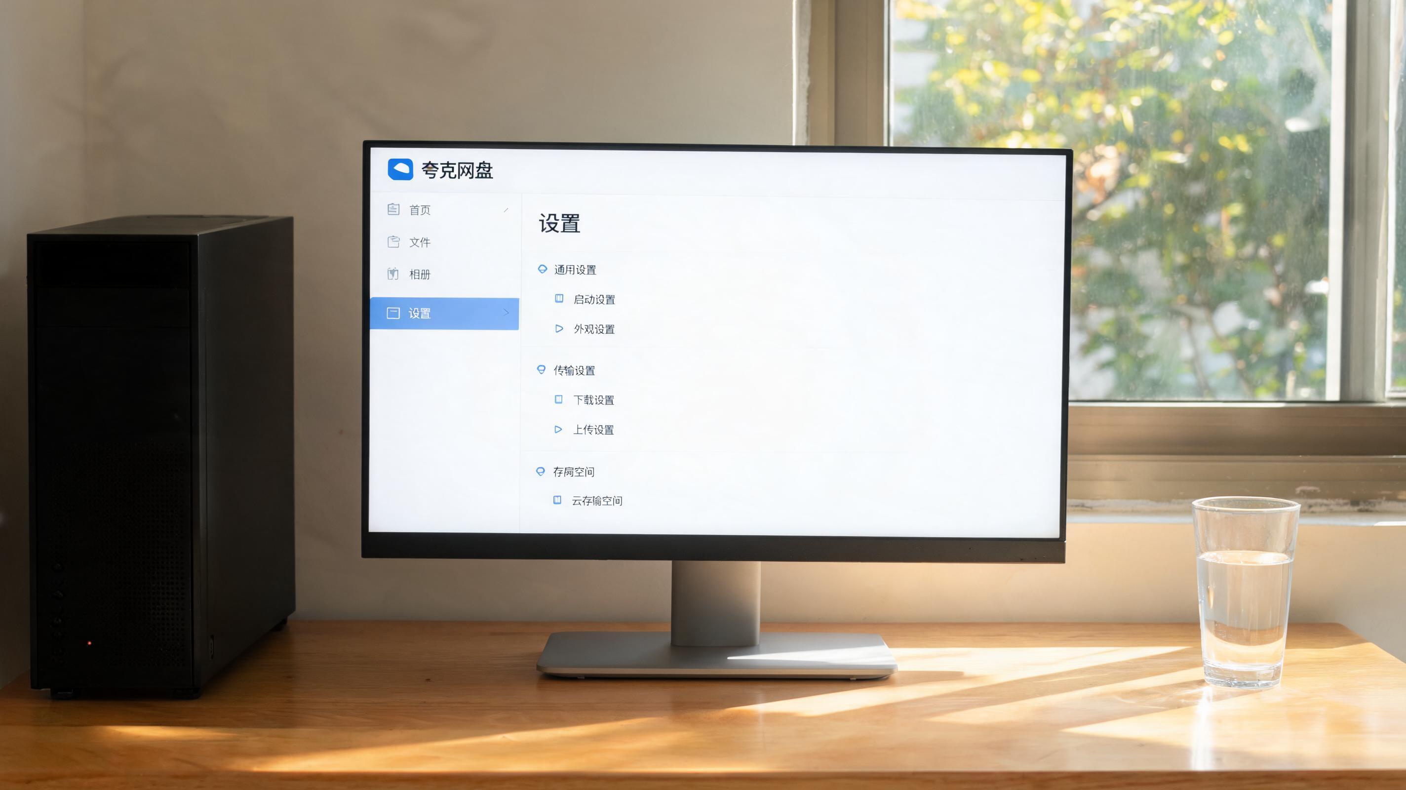 书桌上的主机，屏幕显示夸克网盘设置界面，桌角放着水杯，自然光