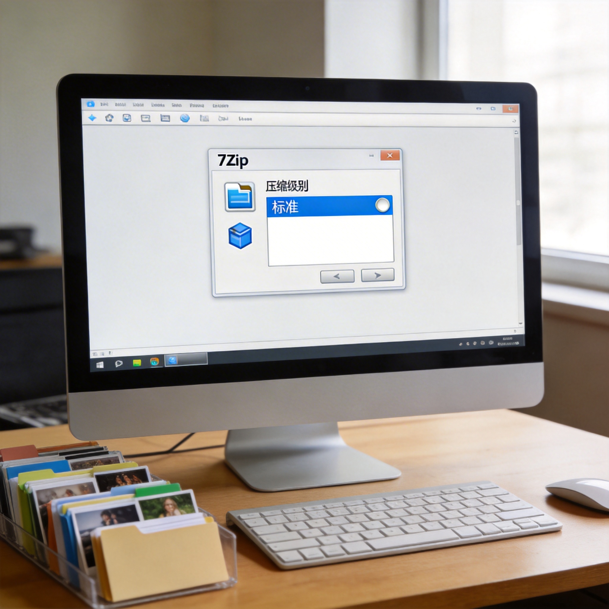 电脑桌的电脑屏幕显示7Zip软件界面，压缩级别选项选着“标准”，桌面放着分类好的照片文件夹，室内自然光