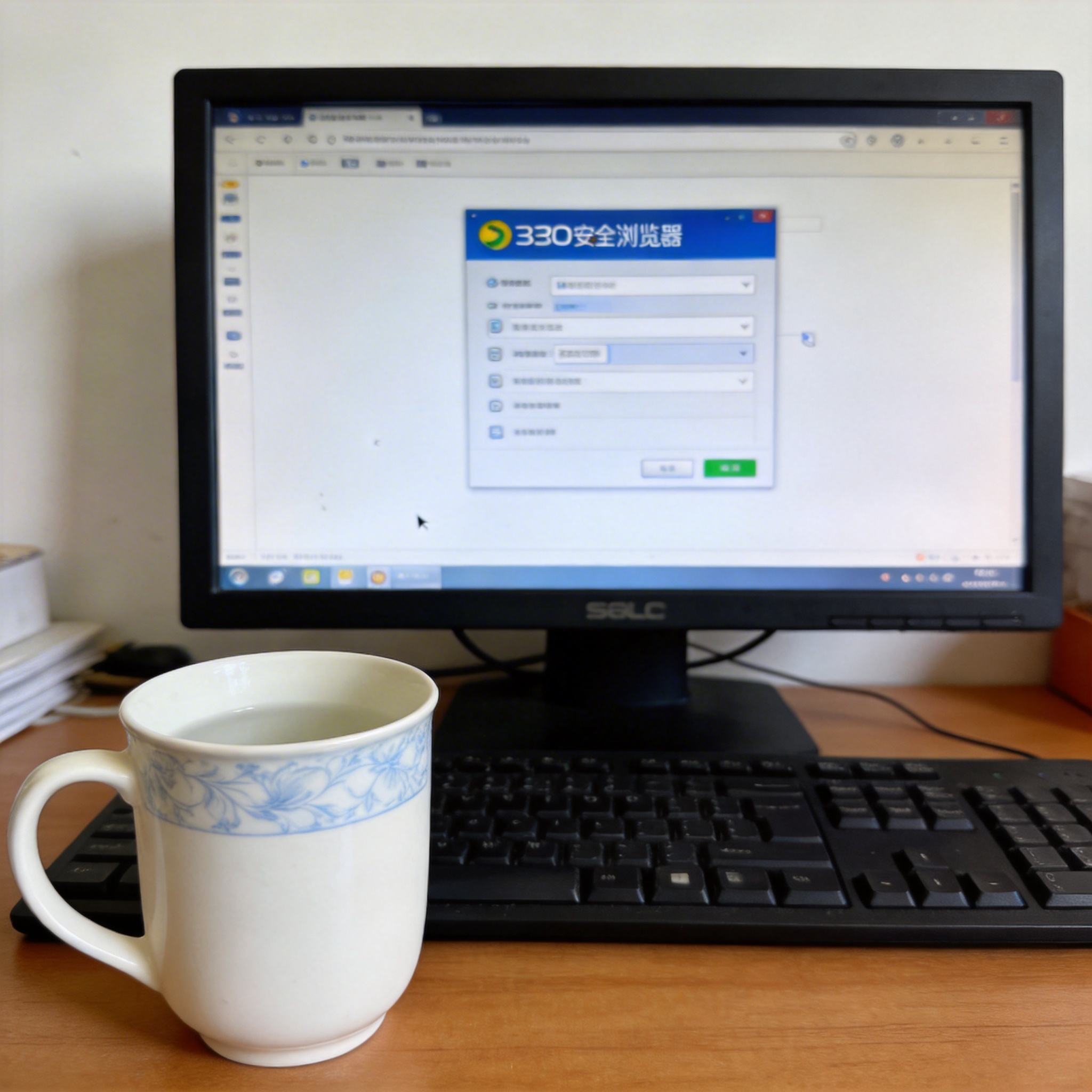 书桌上的电脑，屏幕显示电脑版 360 安全浏览器设置界面，桌角放着水杯，自然光