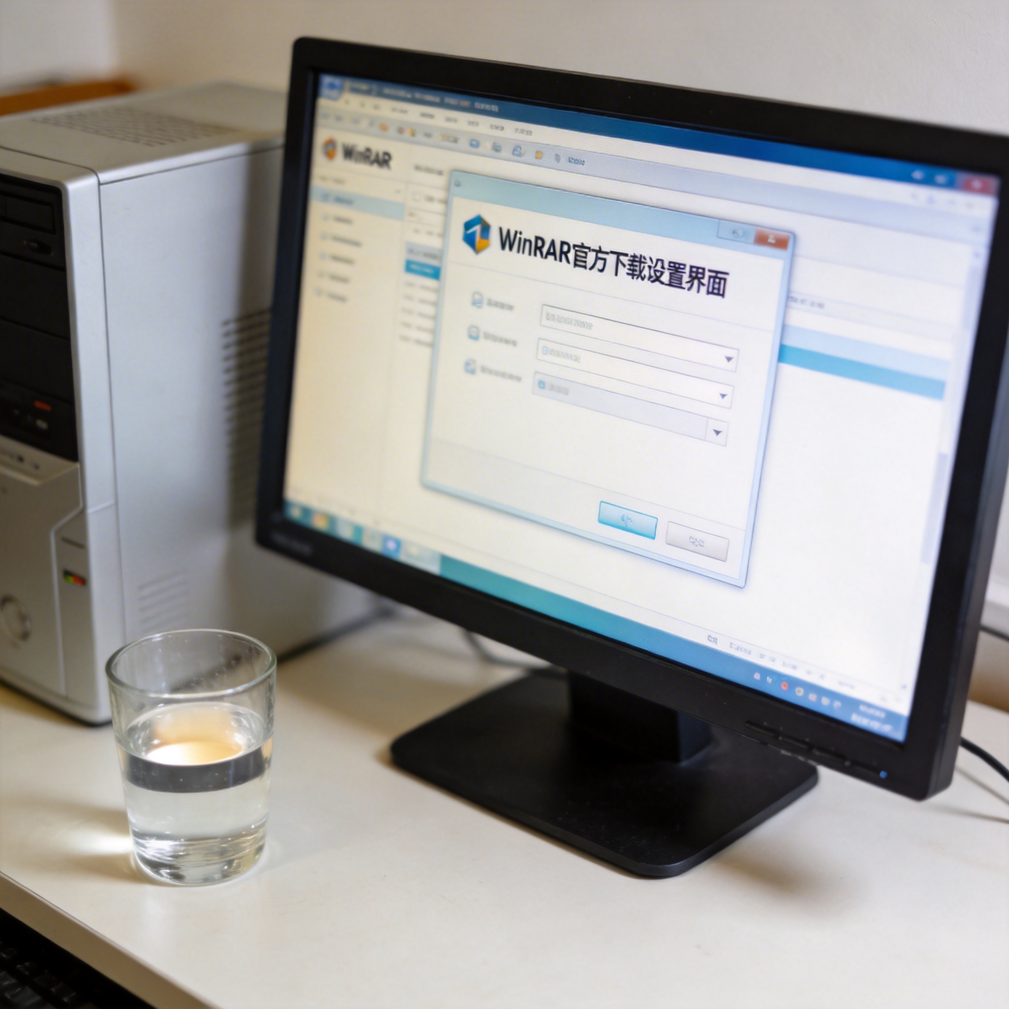 书桌上的主机，屏幕显示win 压缩软件官方下载设置界面，桌角放着水杯，自然光