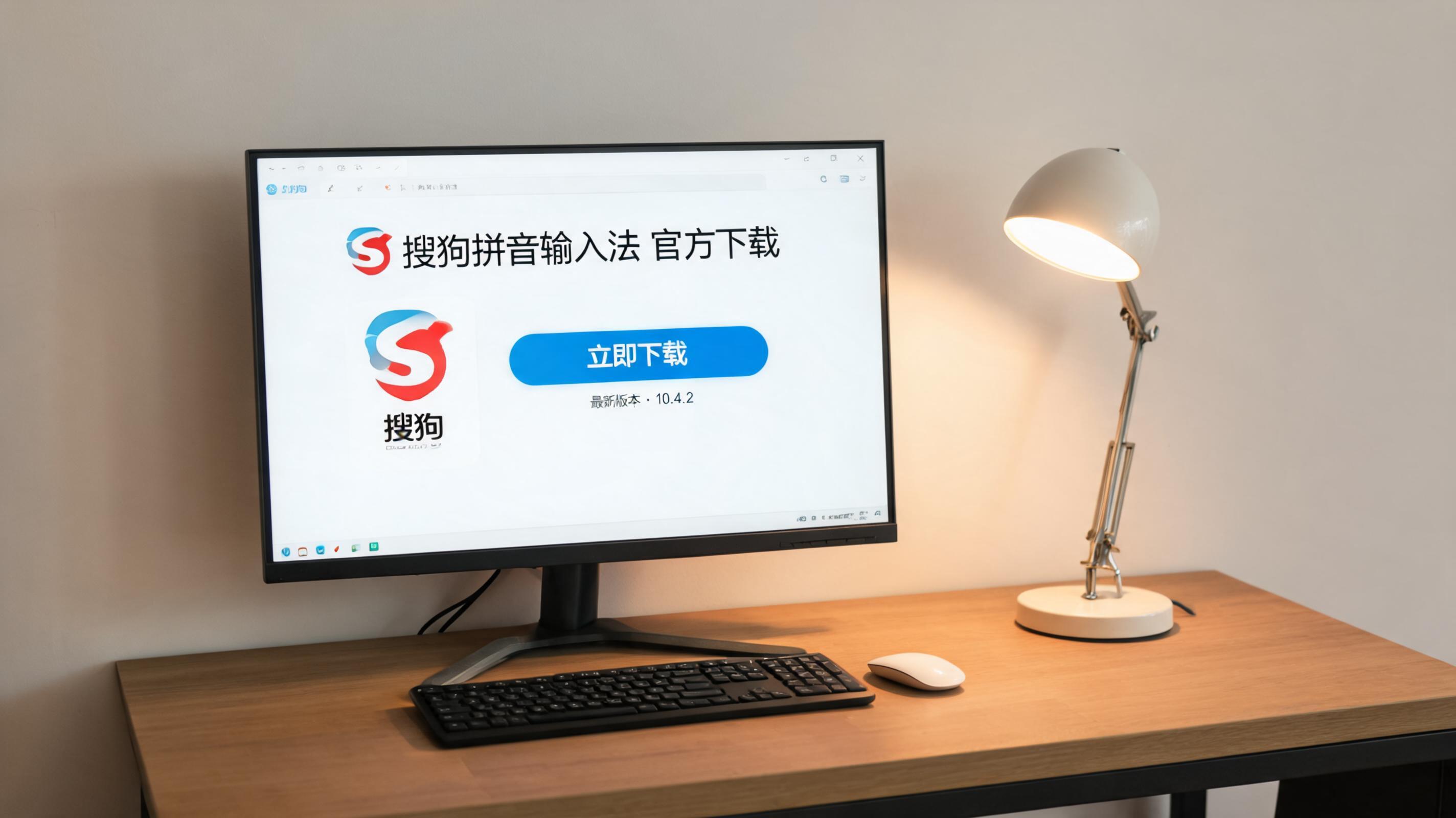 电脑桌上的电脑，屏幕显示搜狗拼音下载界面，旁边放着台灯