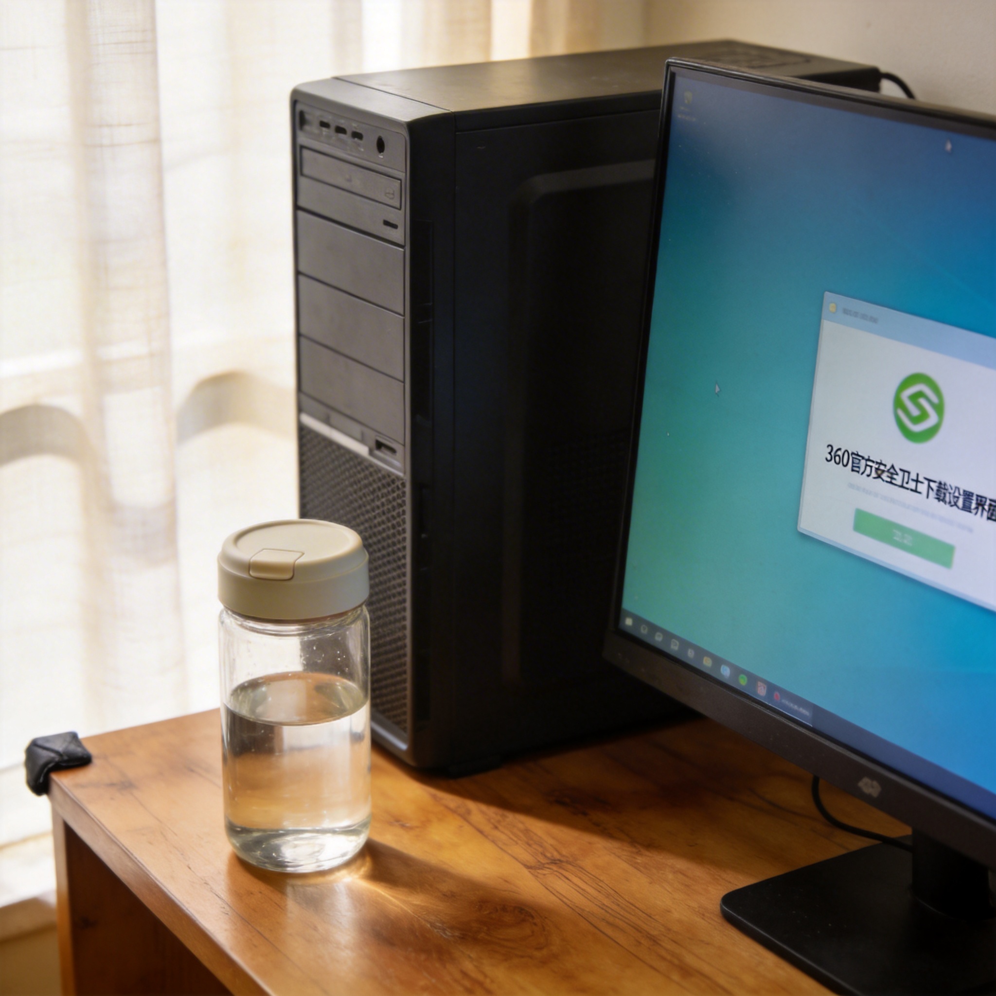 书桌上的主机，屏幕显示360 官方安全卫士下载设置界面，桌角放着水杯，自然光