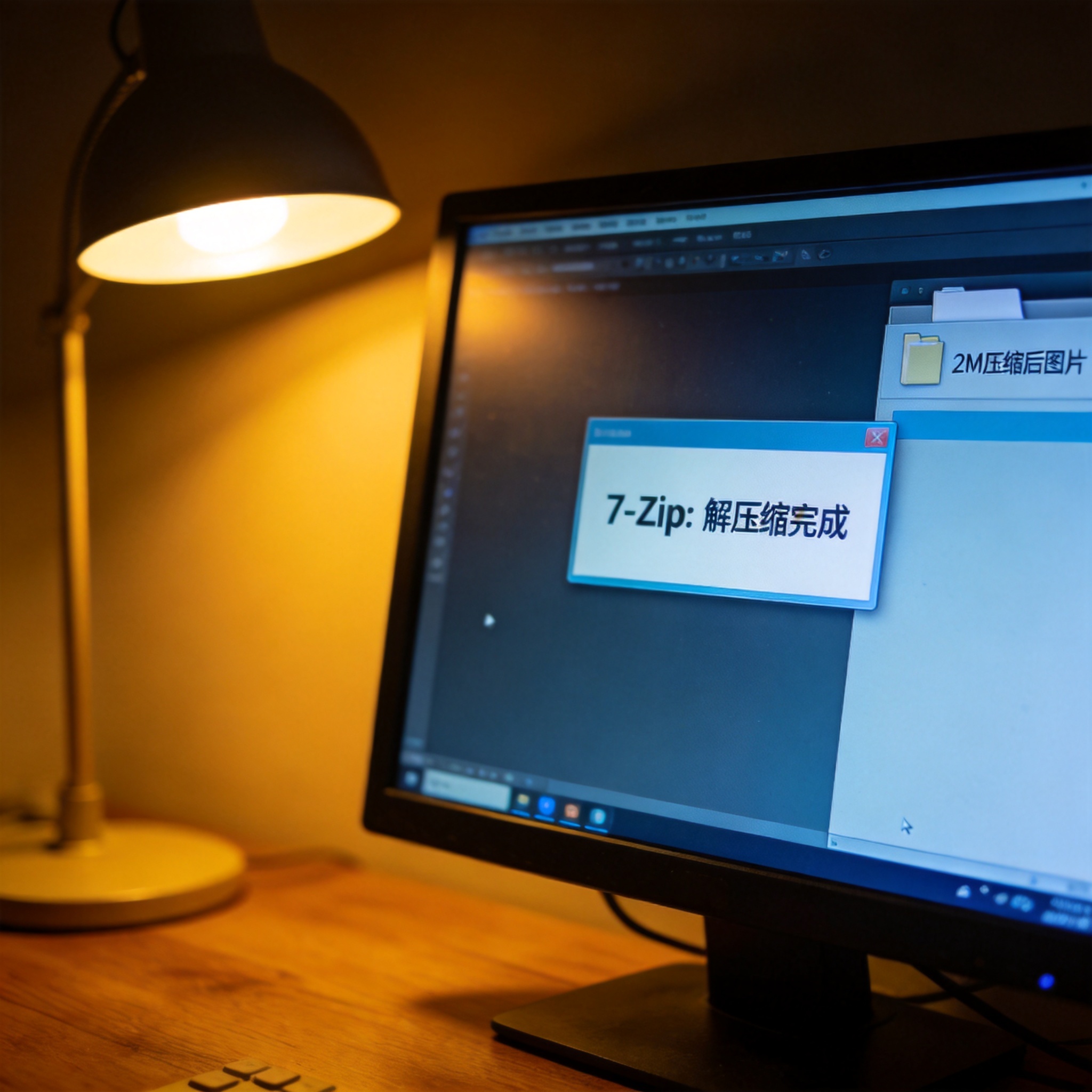 办公桌上的电脑屏幕显示7Zip解压缩完成提示框，旁边的文件夹里存着2M的压缩后图片，台灯光线偏暖