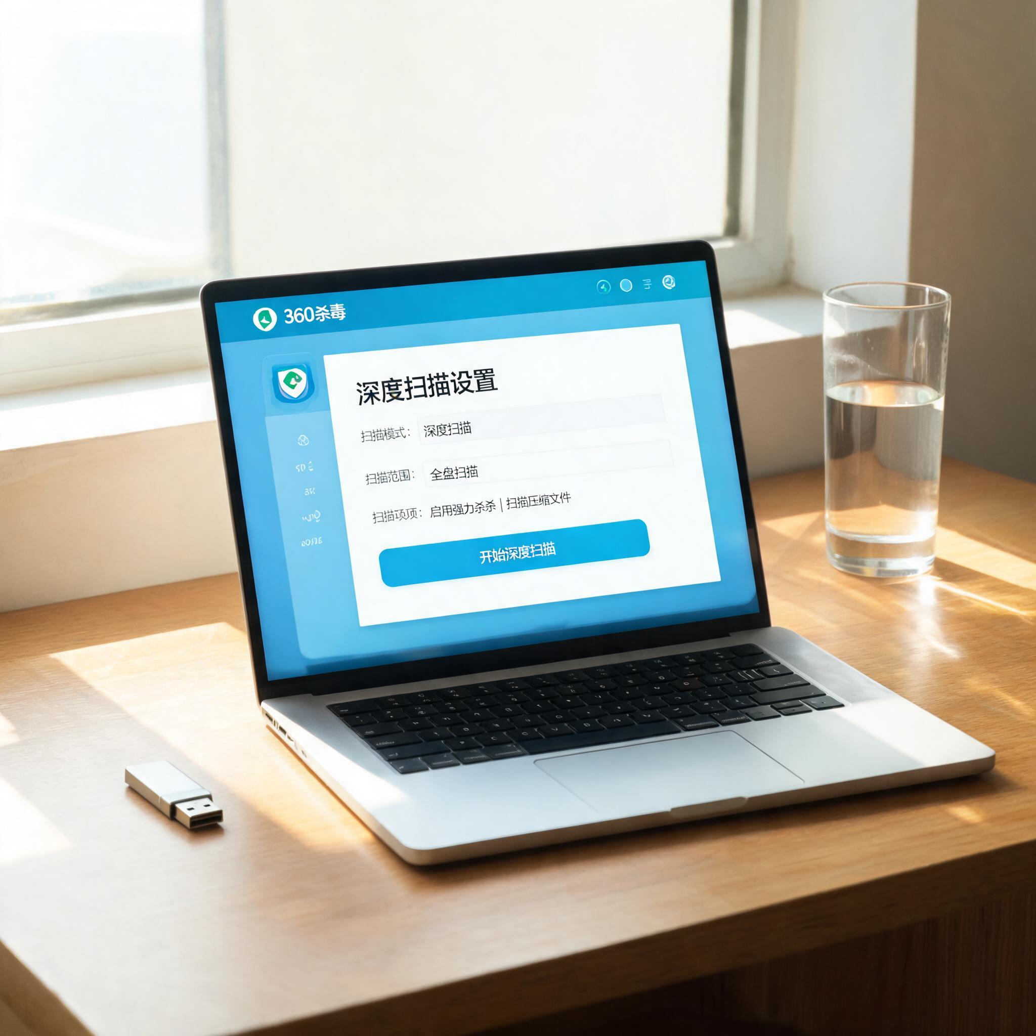 书桌上的U盘，屏幕显示360 杀毒软件深度扫描设置界面，桌角放着水杯，自然光