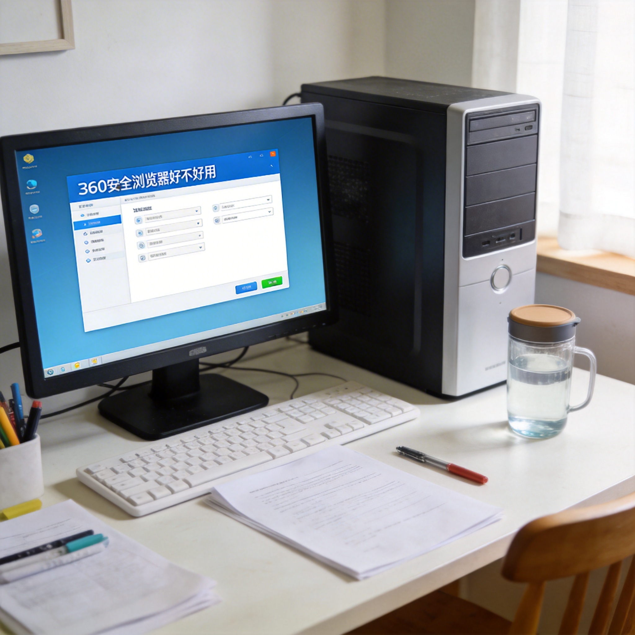 书桌上的主机，屏幕显示360 安全浏览器好不好用设置界面，桌角放着水杯，自然光
