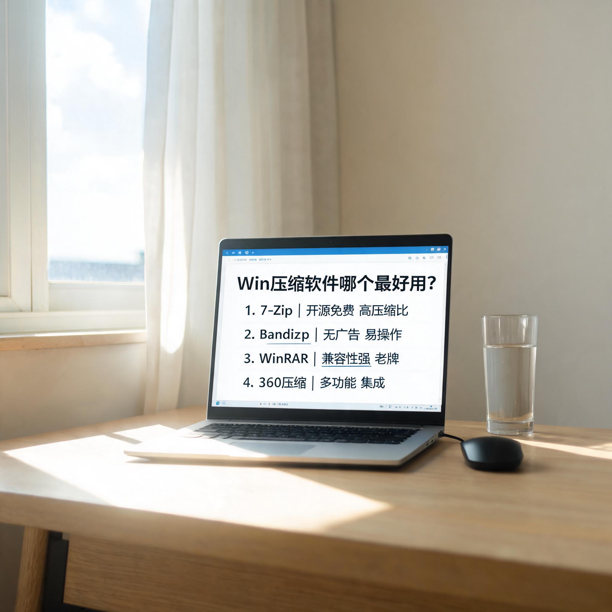 书桌上的电脑，屏幕显示win 压缩软件哪个最好用设置界面，桌角放着水杯，自然光