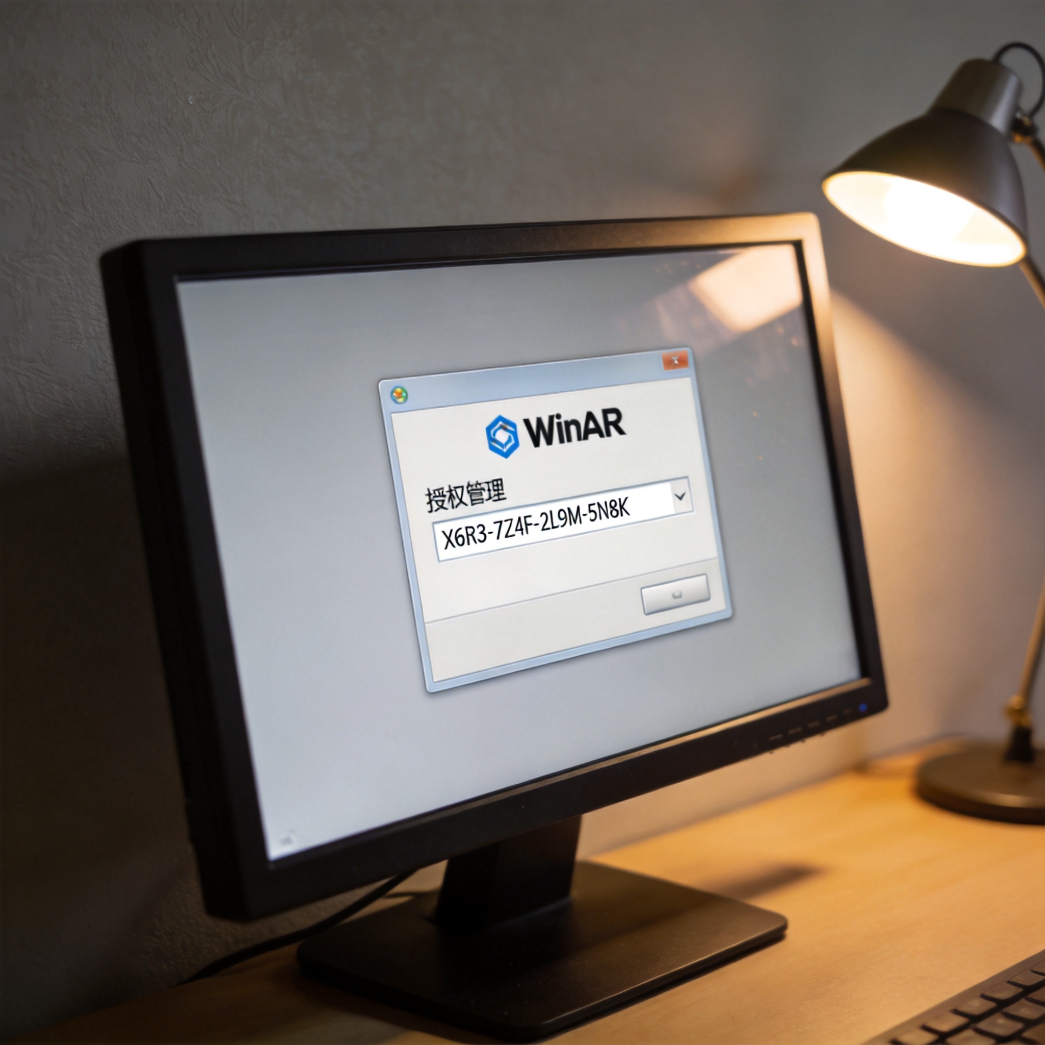 电脑屏幕显示WinRAR的“授权管理”窗口，输入框内有密钥字符，桌面背景是纯色壁纸，桌角有一盏打开的台灯