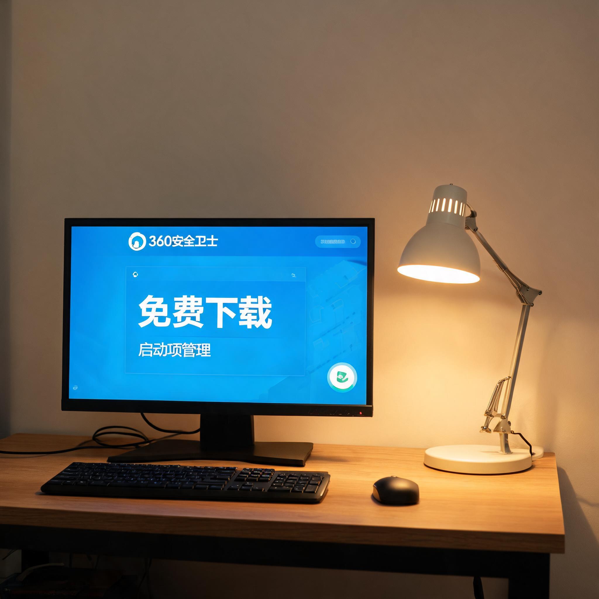 电脑桌上的电脑，屏幕显示360 安全卫士免费下载启动项，旁边放着台灯