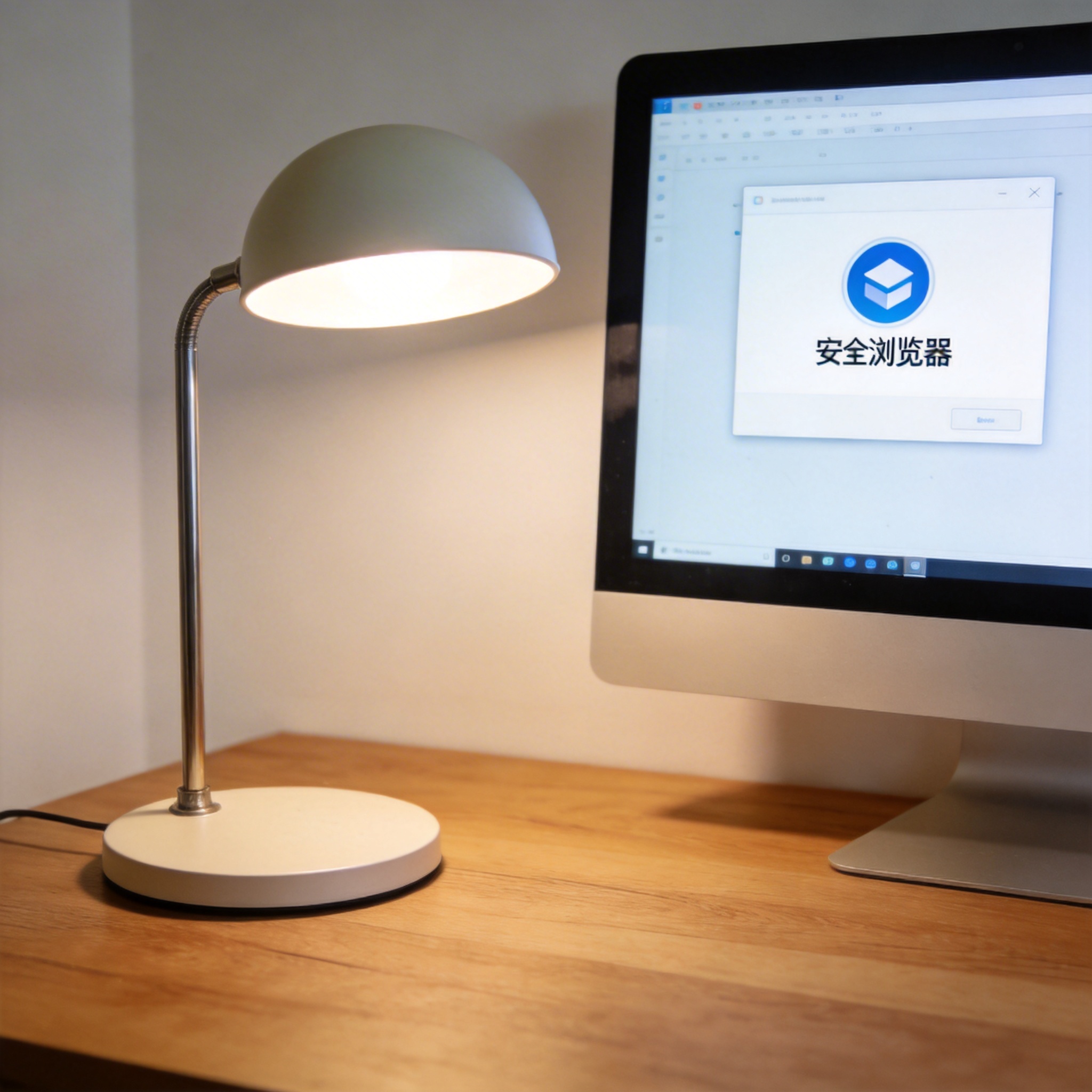 电脑桌上的电脑，屏幕显示安全浏览器窗口，旁边放着台灯