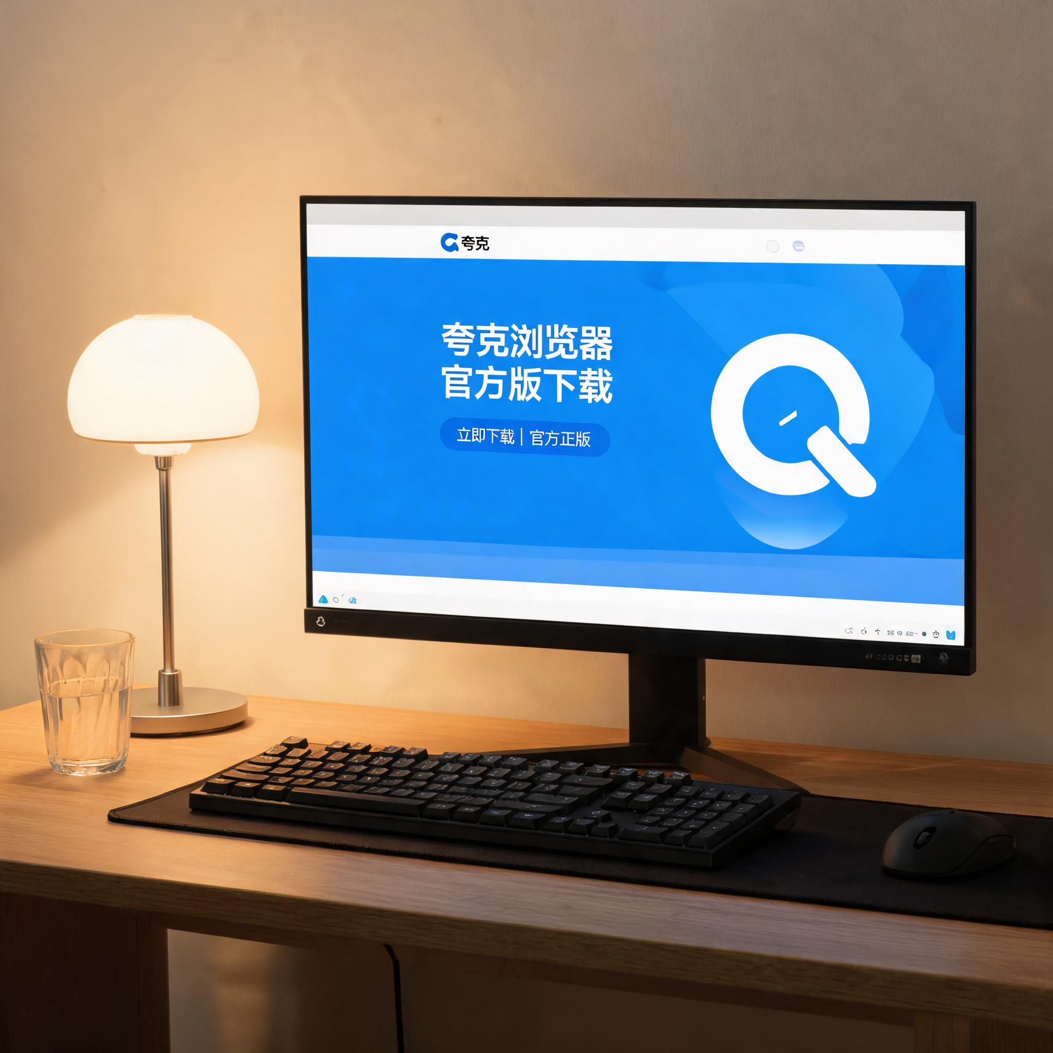 电脑桌上的电脑，屏幕显示夸克浏览器官方版下载桌面，旁边放着台灯