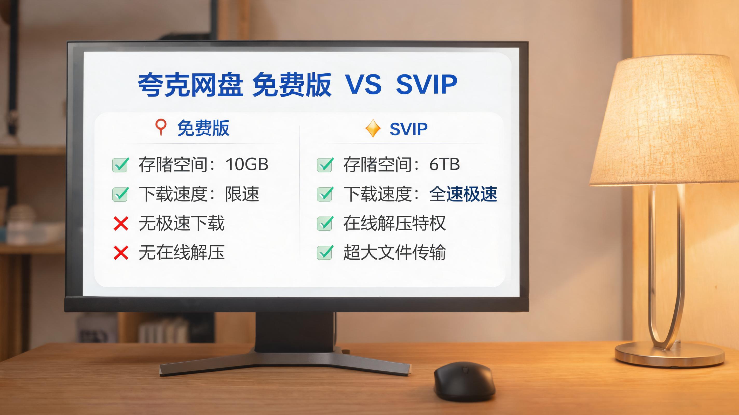 电脑桌上的电脑，屏幕显示夸克网盘免费版和 SVIP 区别界面，旁边放着台灯