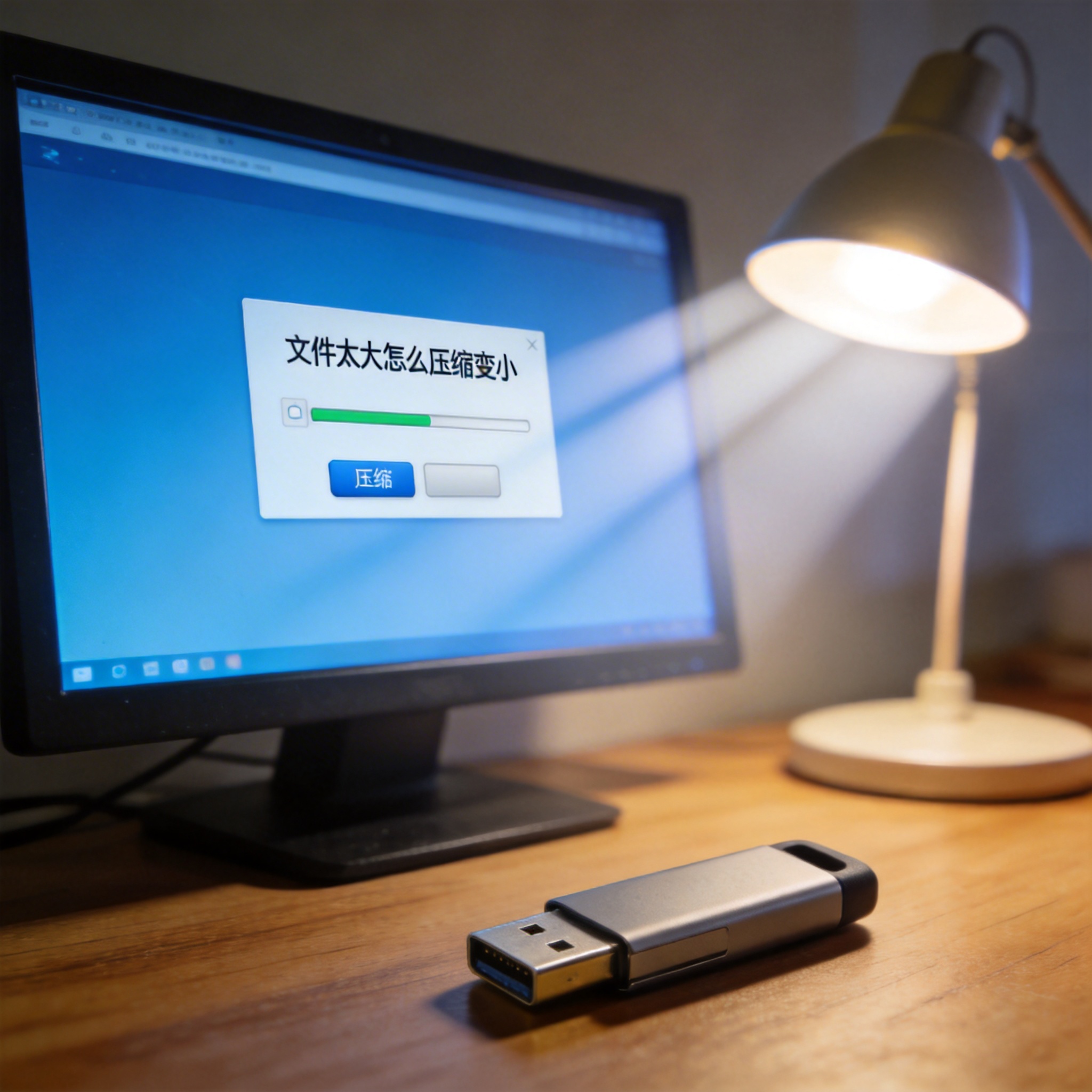 电脑桌上的U盘，屏幕显示文件太大怎么压缩变小界面，旁边放着台灯