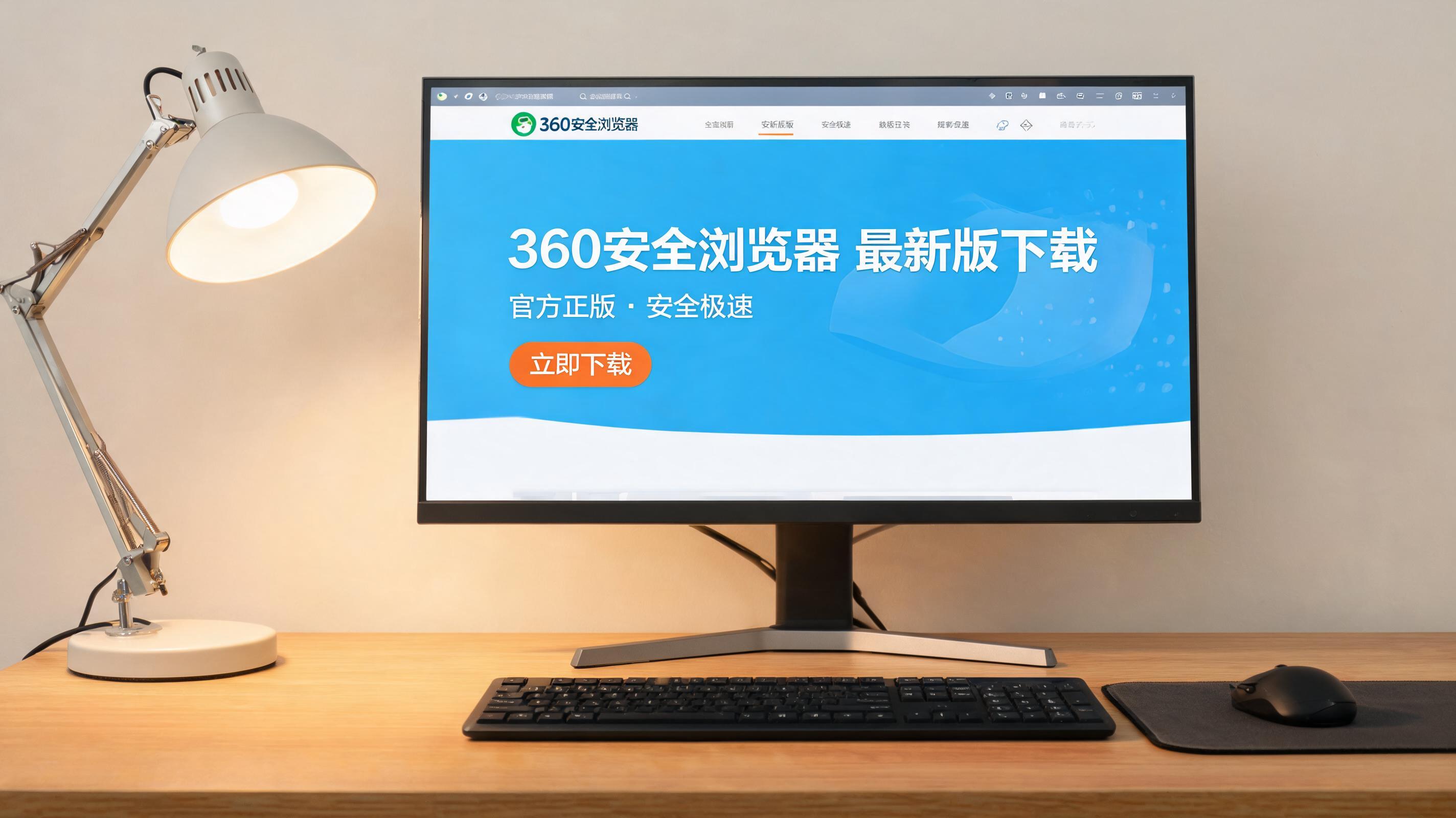 电脑桌上的电脑，屏幕显示360 安全浏览器最新版下载菜单，旁边放着台灯