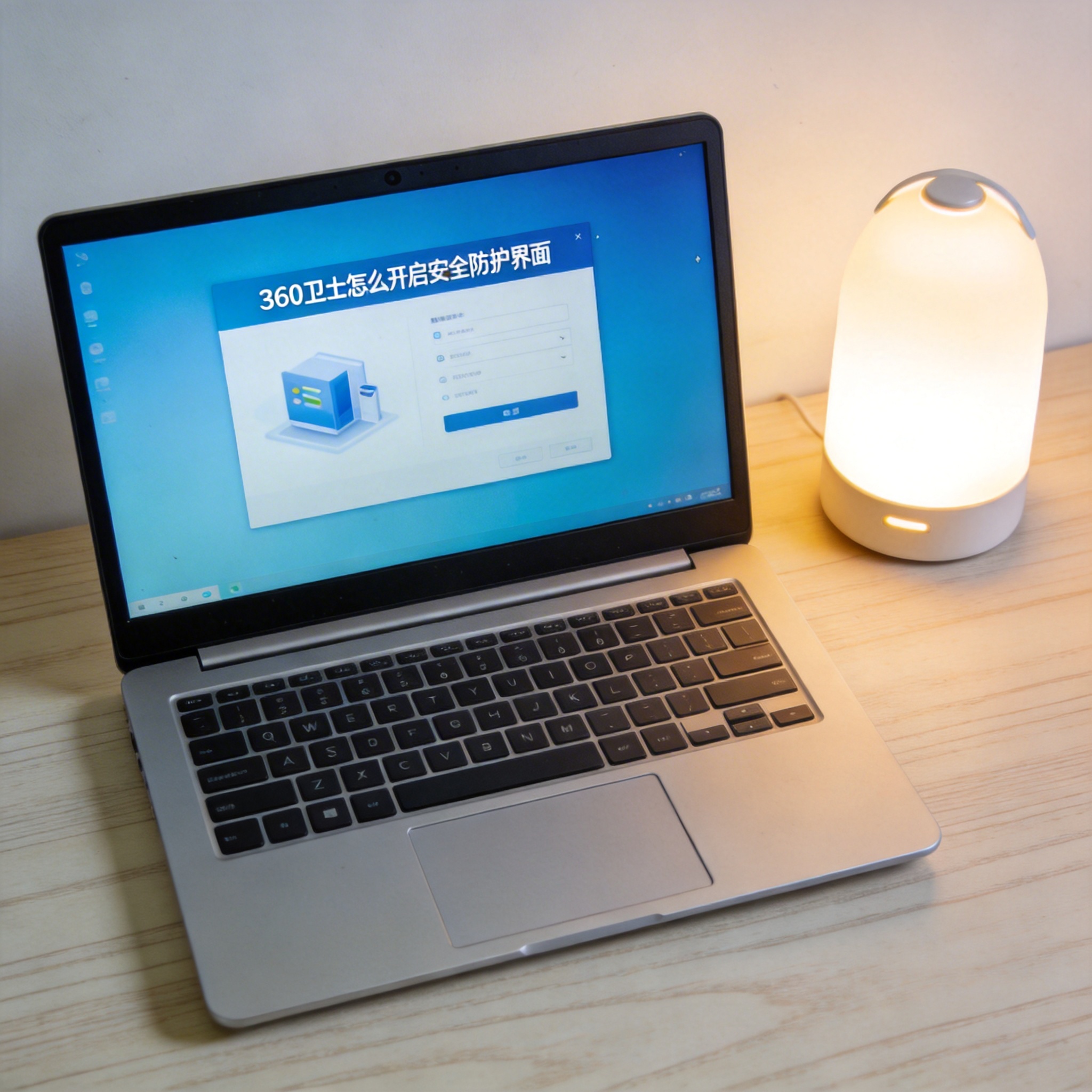 电脑桌上的电脑，屏幕显示360 卫士怎么开启安全防护界面，旁边放着台灯
