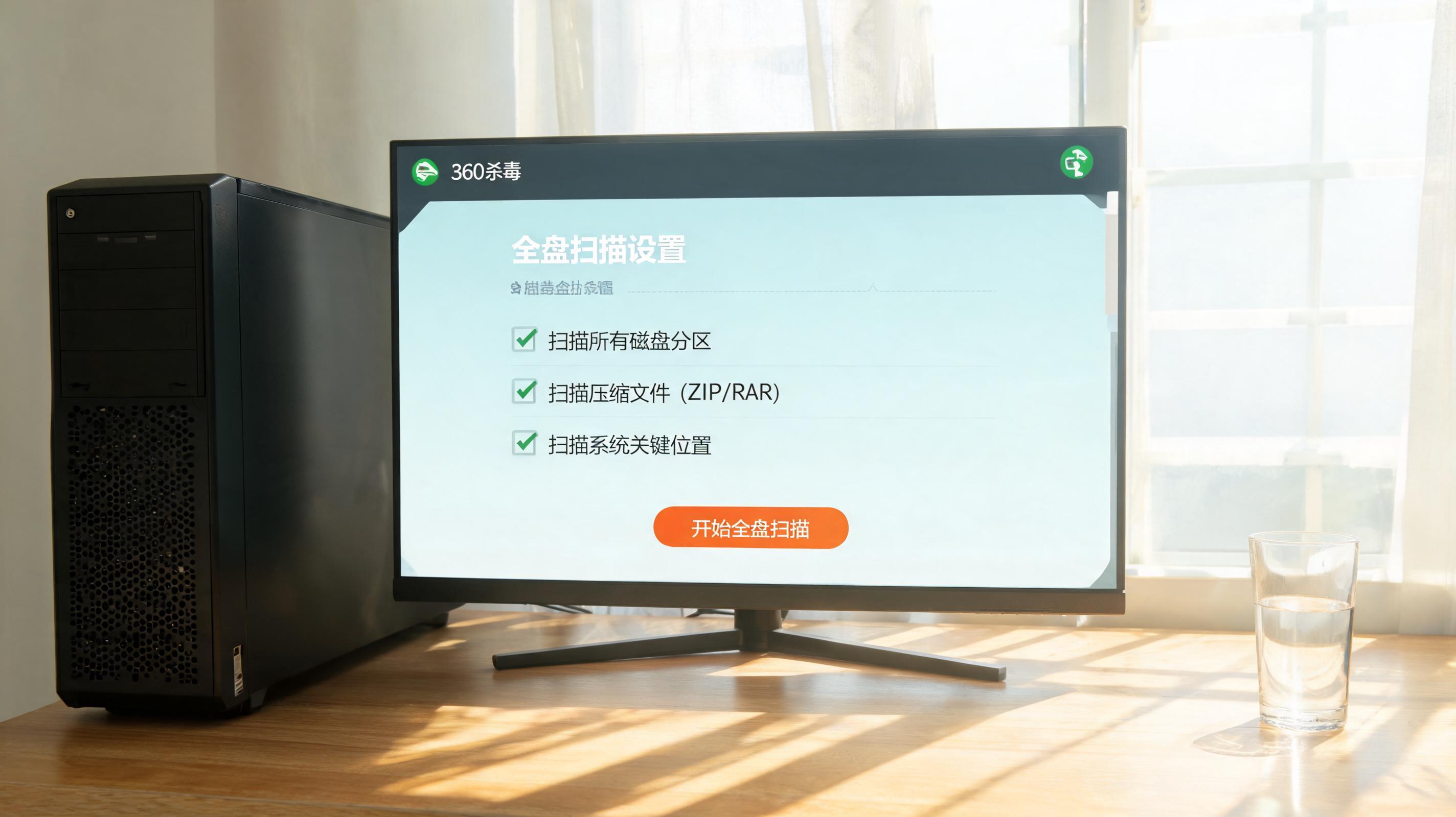 书桌上的主机，屏幕显示360 杀毒全盘扫描设置界面，桌角放着水杯，自然光