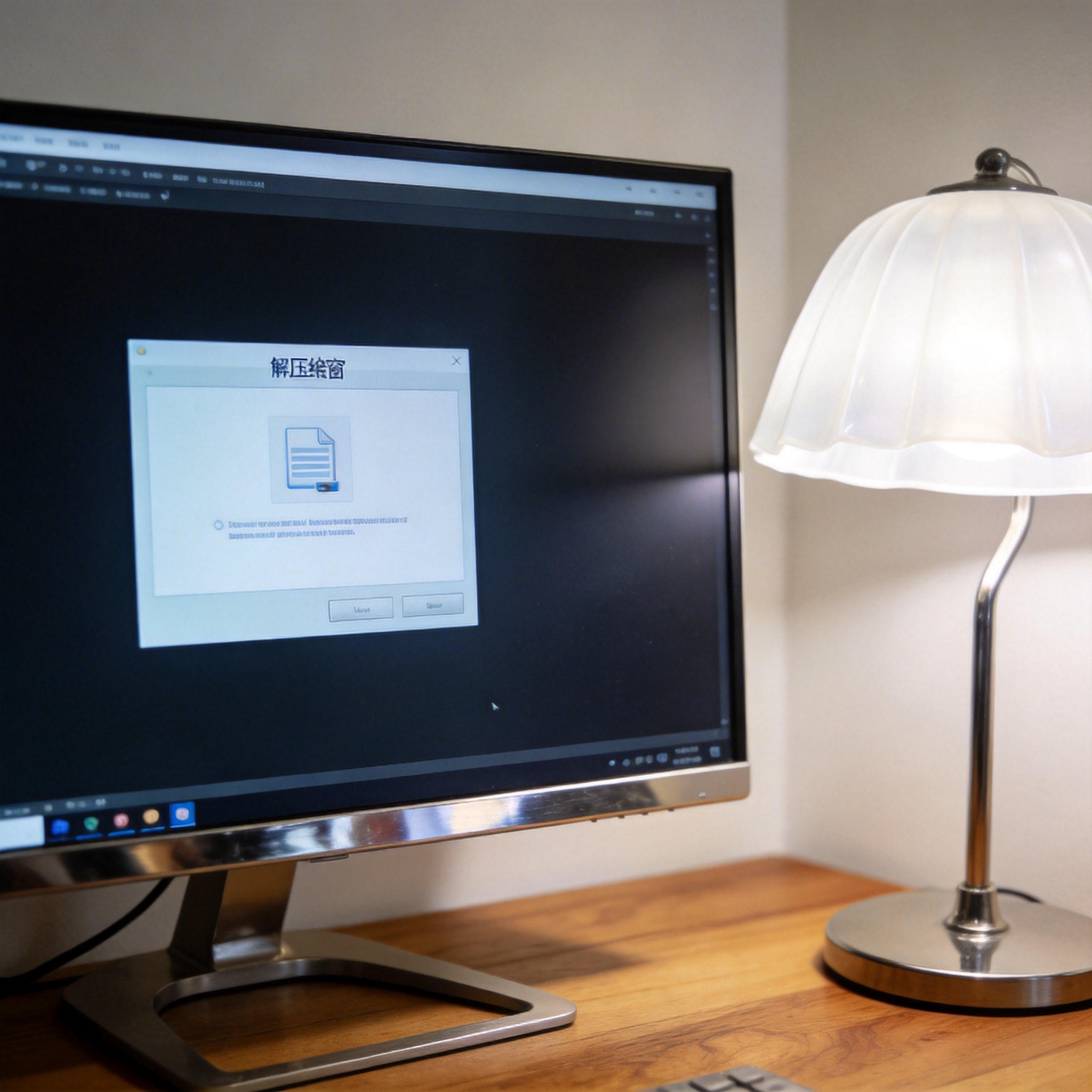 电脑桌上的电脑，屏幕显示解压缩窗口，旁边放着台灯