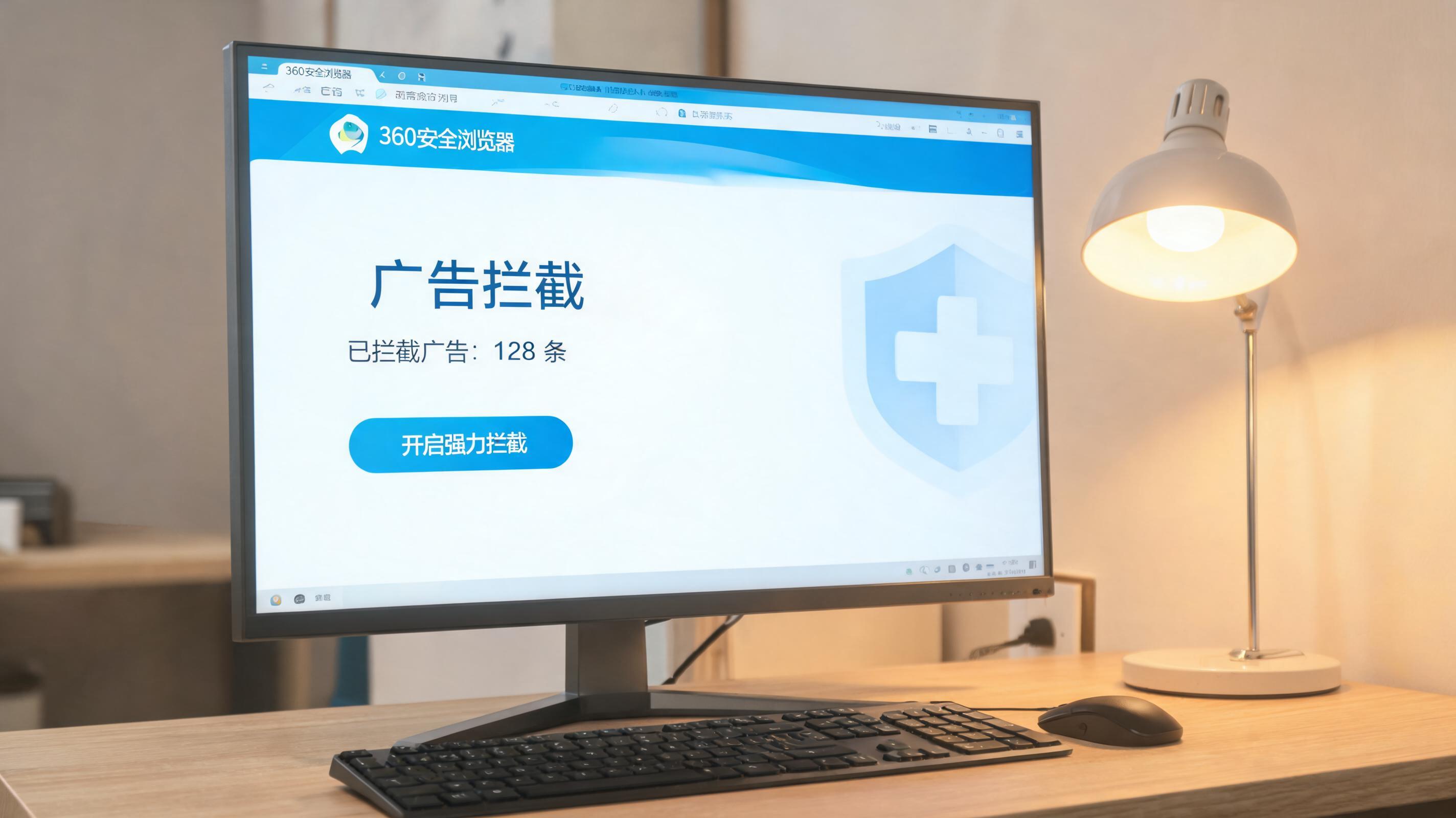电脑桌上的电脑，屏幕显示360 安全浏览器广告拦截界面，旁边放着台灯