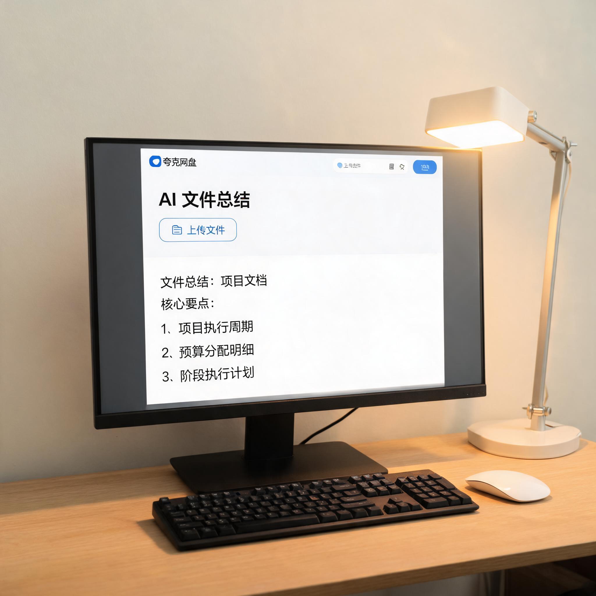 电脑桌上的电脑，屏幕显示夸克网盘 AI 文件总结功能界面，旁边放着台灯