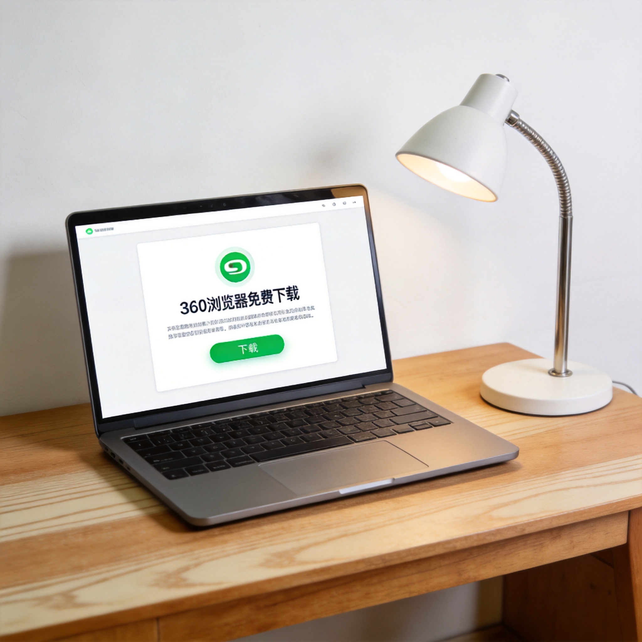 电脑桌上的电脑，屏幕显示360 浏览器免费下载界面，旁边放着台灯