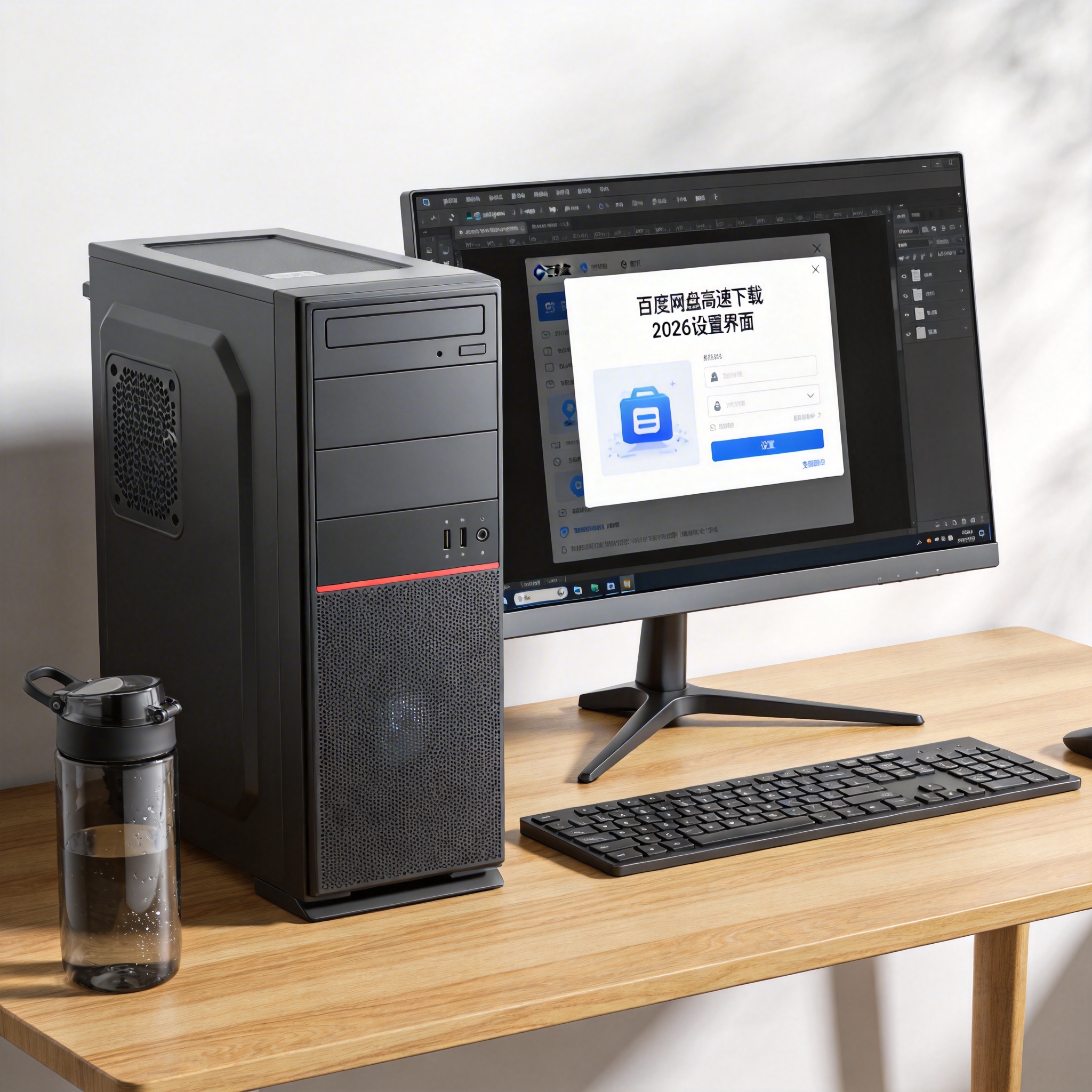 书桌上的主机，屏幕显示百度网盘高速下载 2026设置界面，桌角放着水杯，自然光