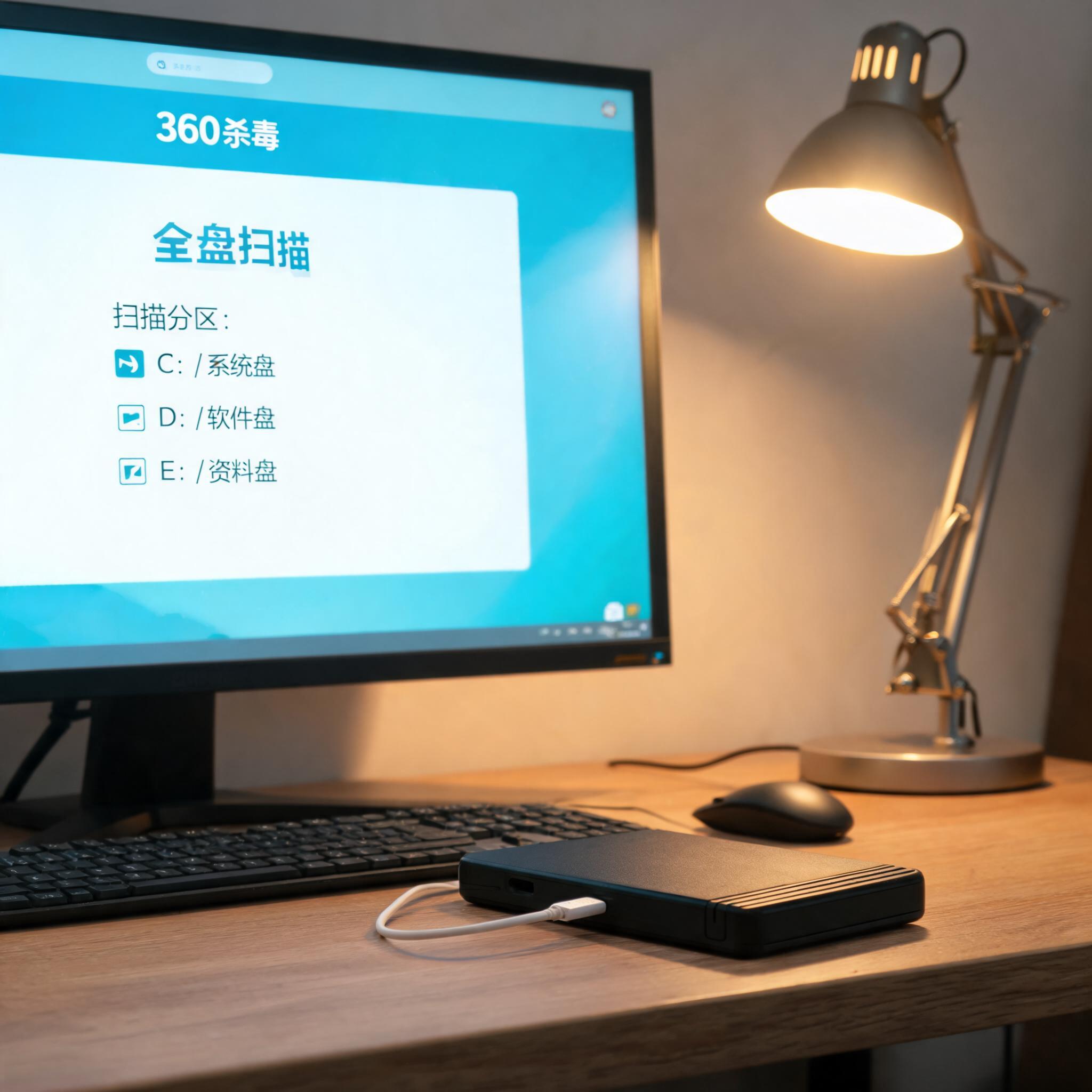 电脑桌上的硬盘，屏幕显示360 杀毒全盘扫描分区，旁边放着台灯