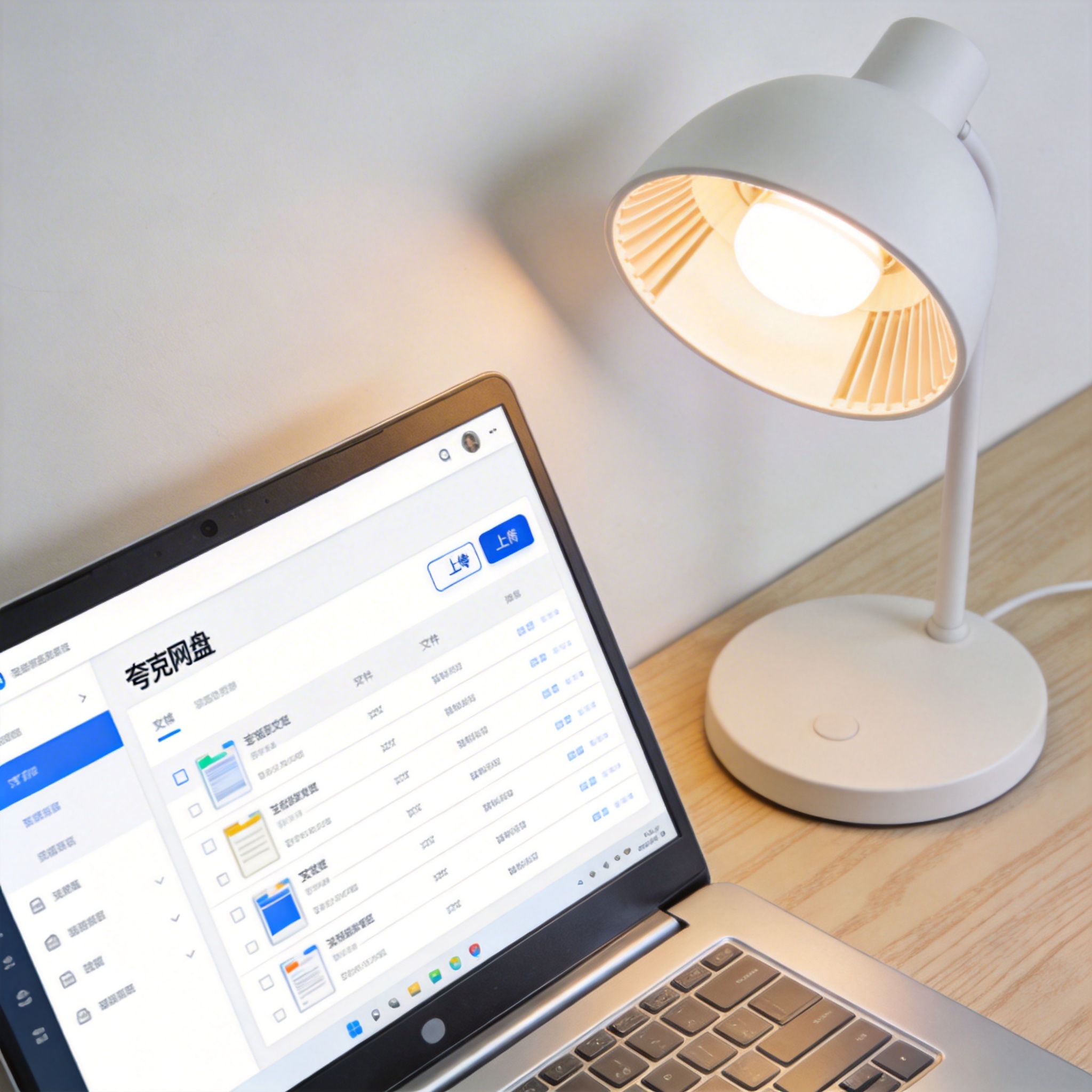 电脑桌上的电脑，屏幕显示夸克网盘界面，旁边放着台灯