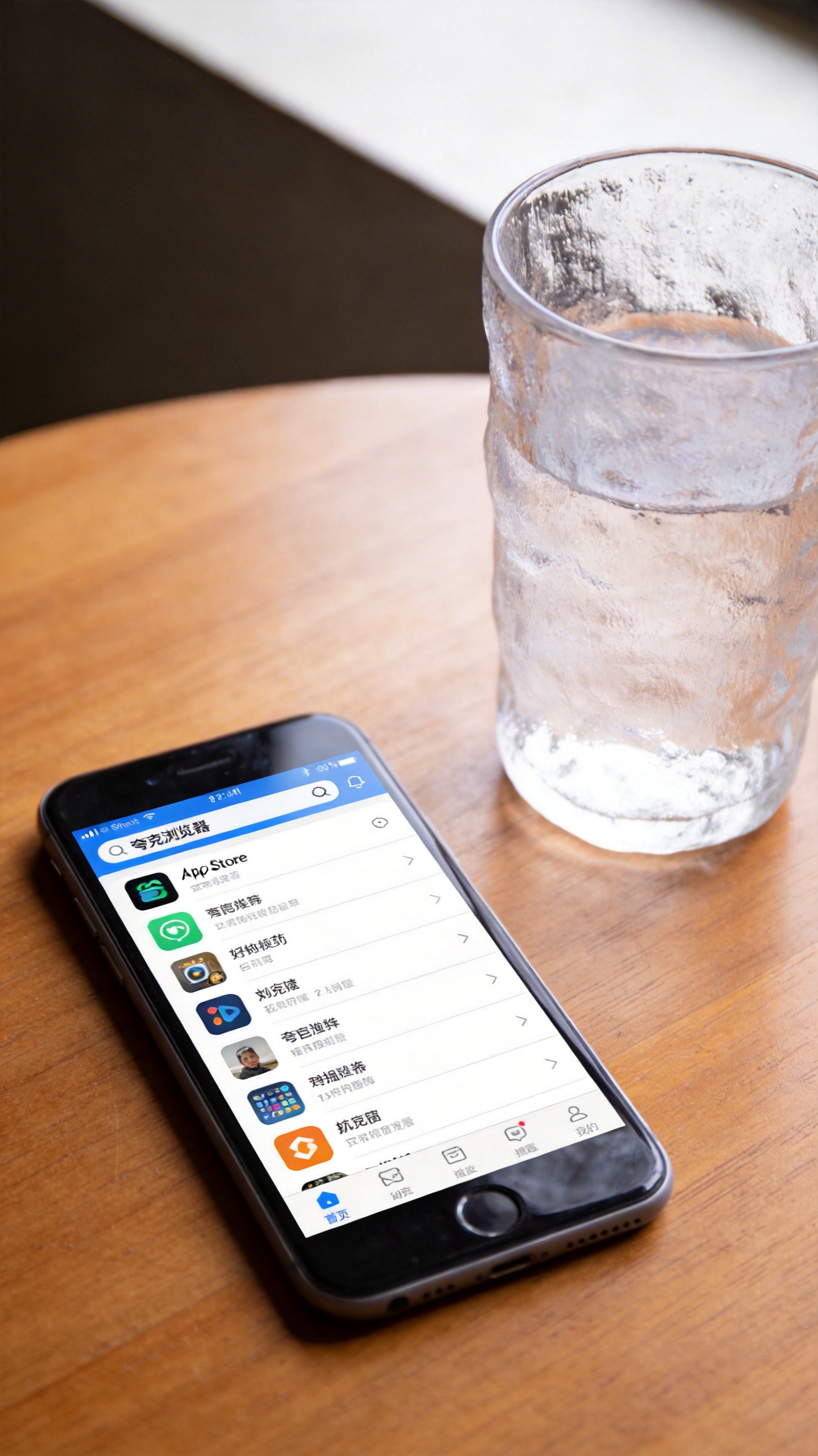 苹果手机放在木质桌面，屏幕显示App Store搜索“夸克浏览器”的结果页面，旁边放着半透明水杯，室内自然光