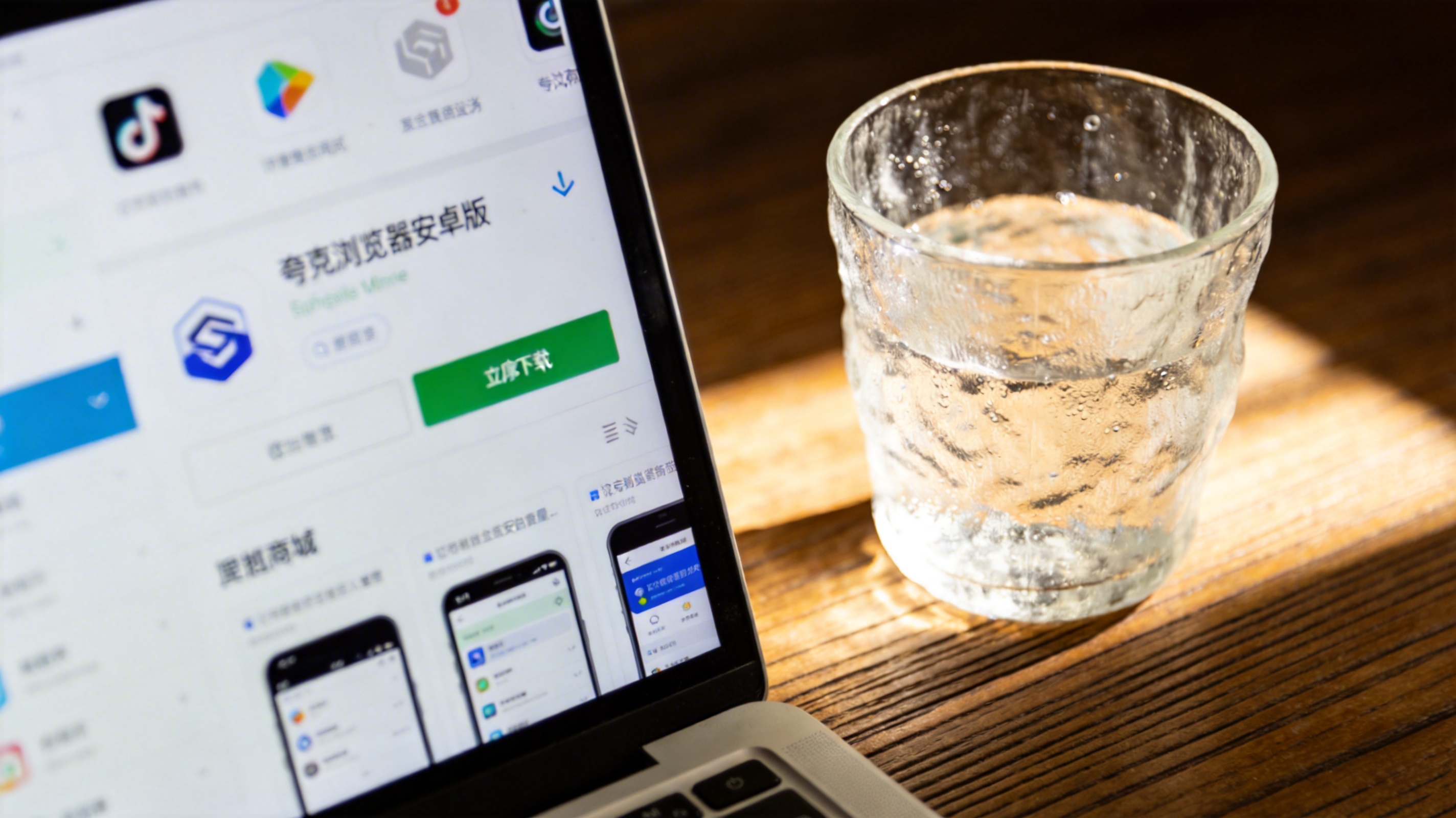 电脑桌的台式机屏幕显示应用商店页面，页面里是夸克浏览器安卓版的下载入口，旁边放着玻璃水杯，屏幕光