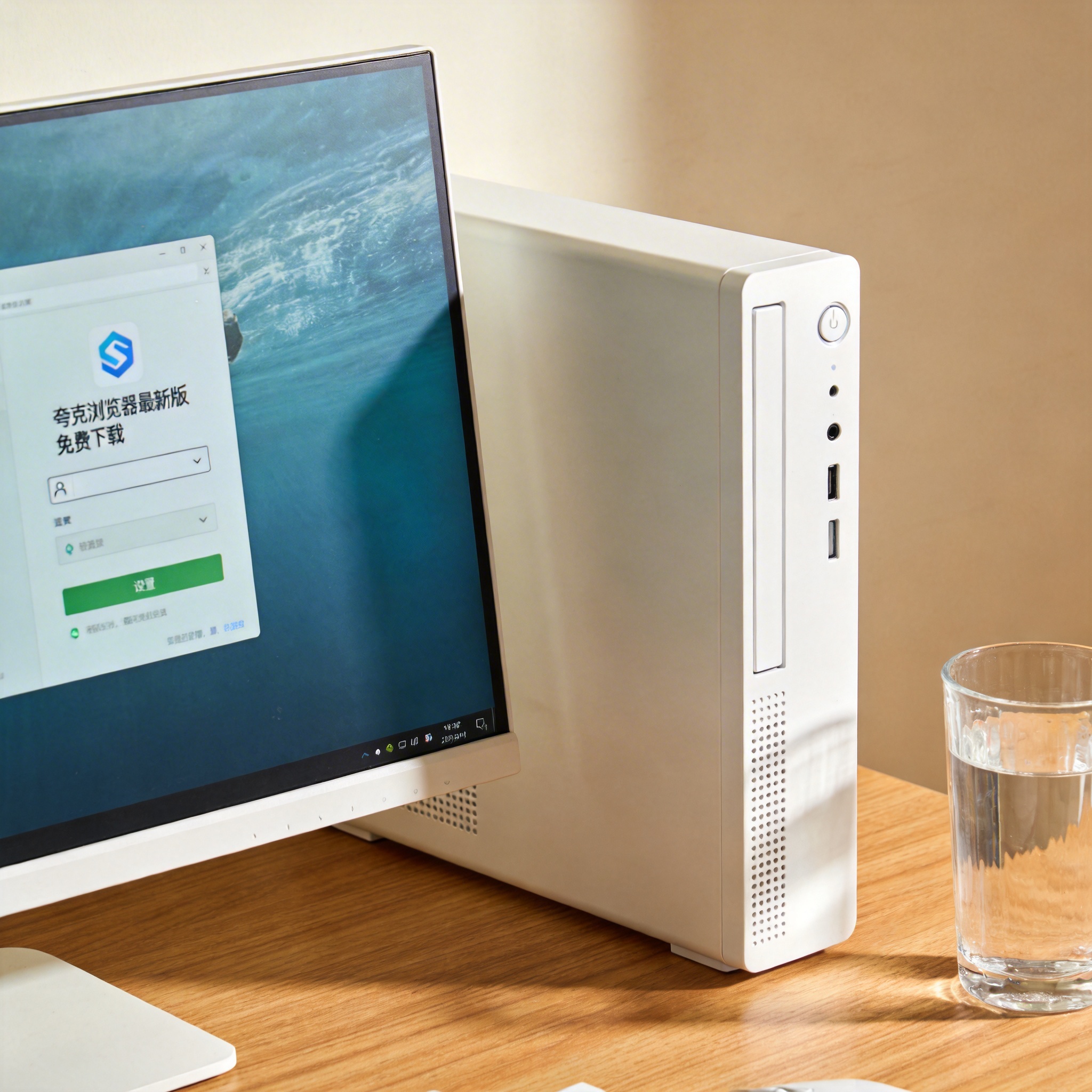 书桌上的主机，屏幕显示夸克浏览器最新版免费下载设置界面，桌角放着水杯，自然光