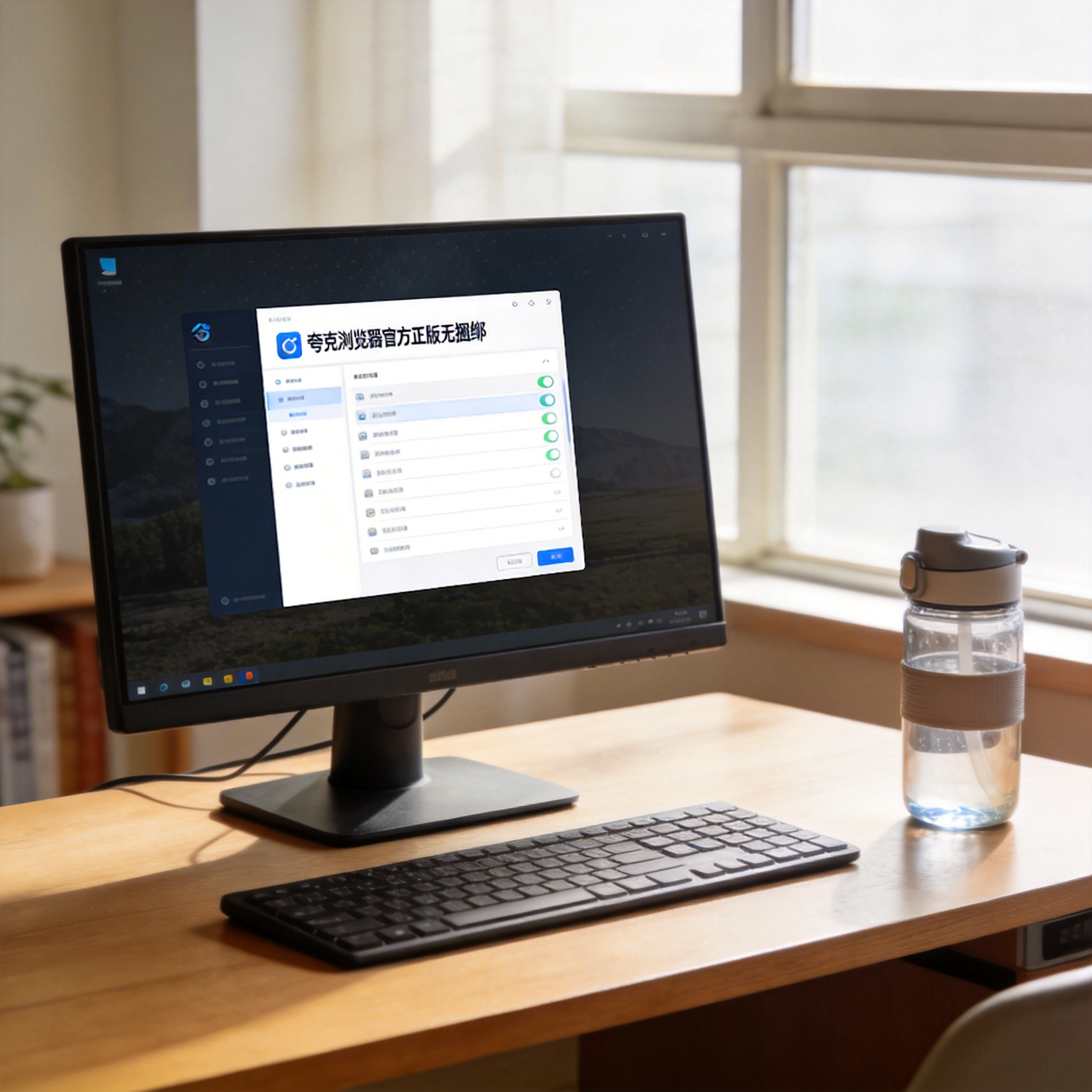 书桌上的主机，屏幕显示夸克浏览器官方正版无捆绑设置界面，桌角放着水杯，自然光