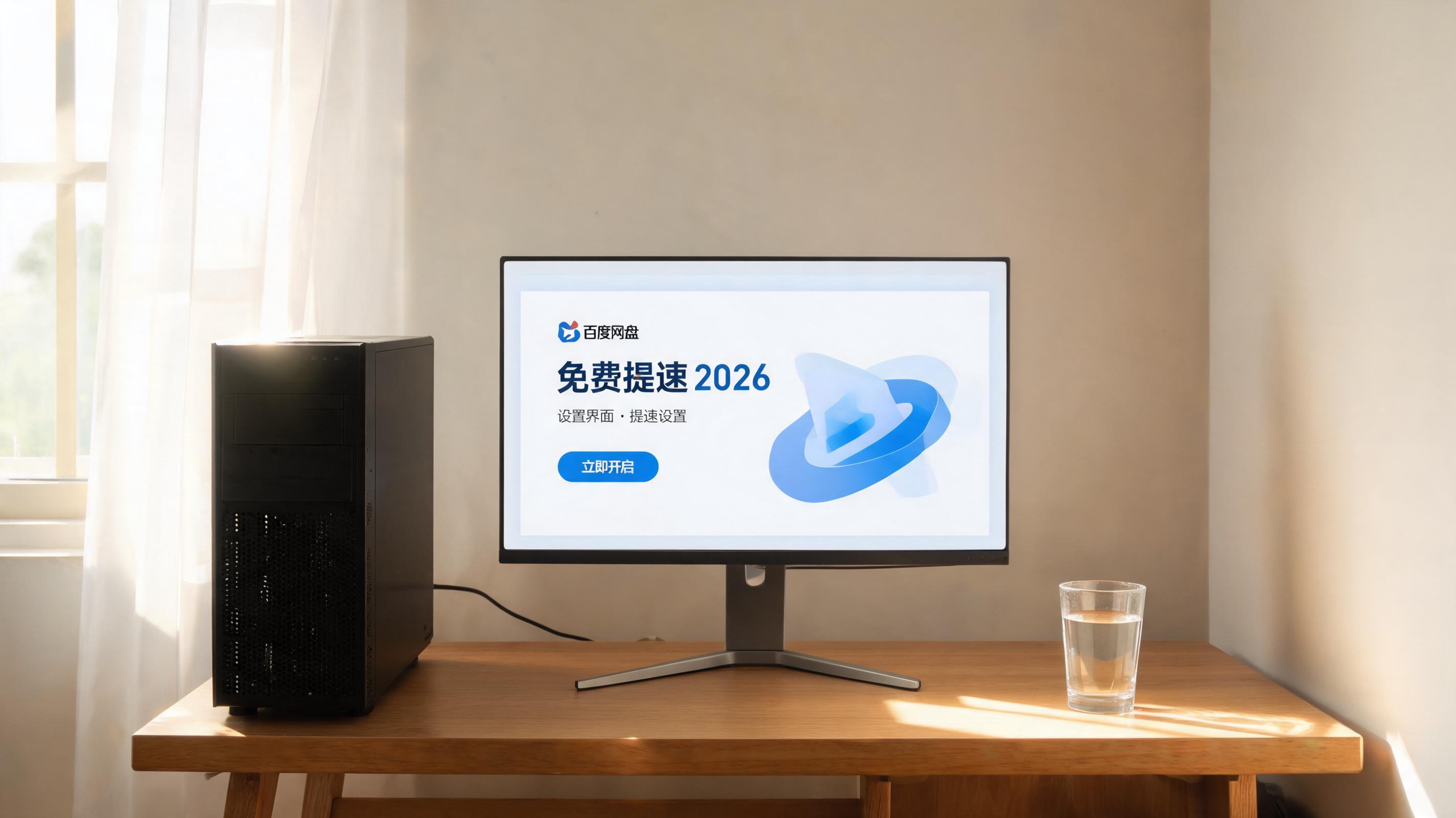 书桌上的主机，屏幕显示百度网盘免费提速 2026设置界面，桌角放着水杯，自然光