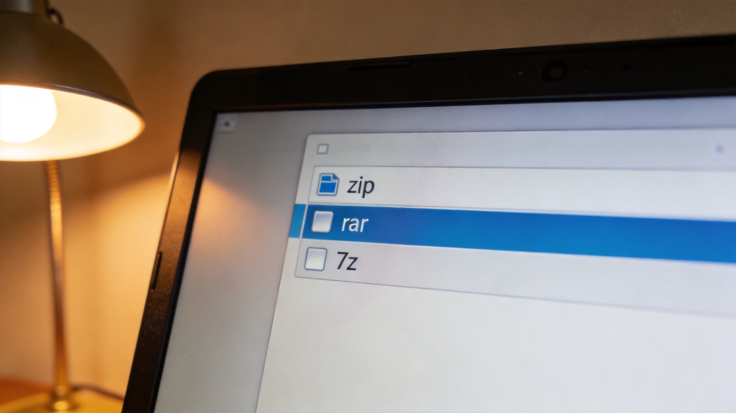 电脑屏幕显示解压缩软件格式选择界面，列出zip、rar、7z选项，桌面背景是纯色壁纸，台灯暖光